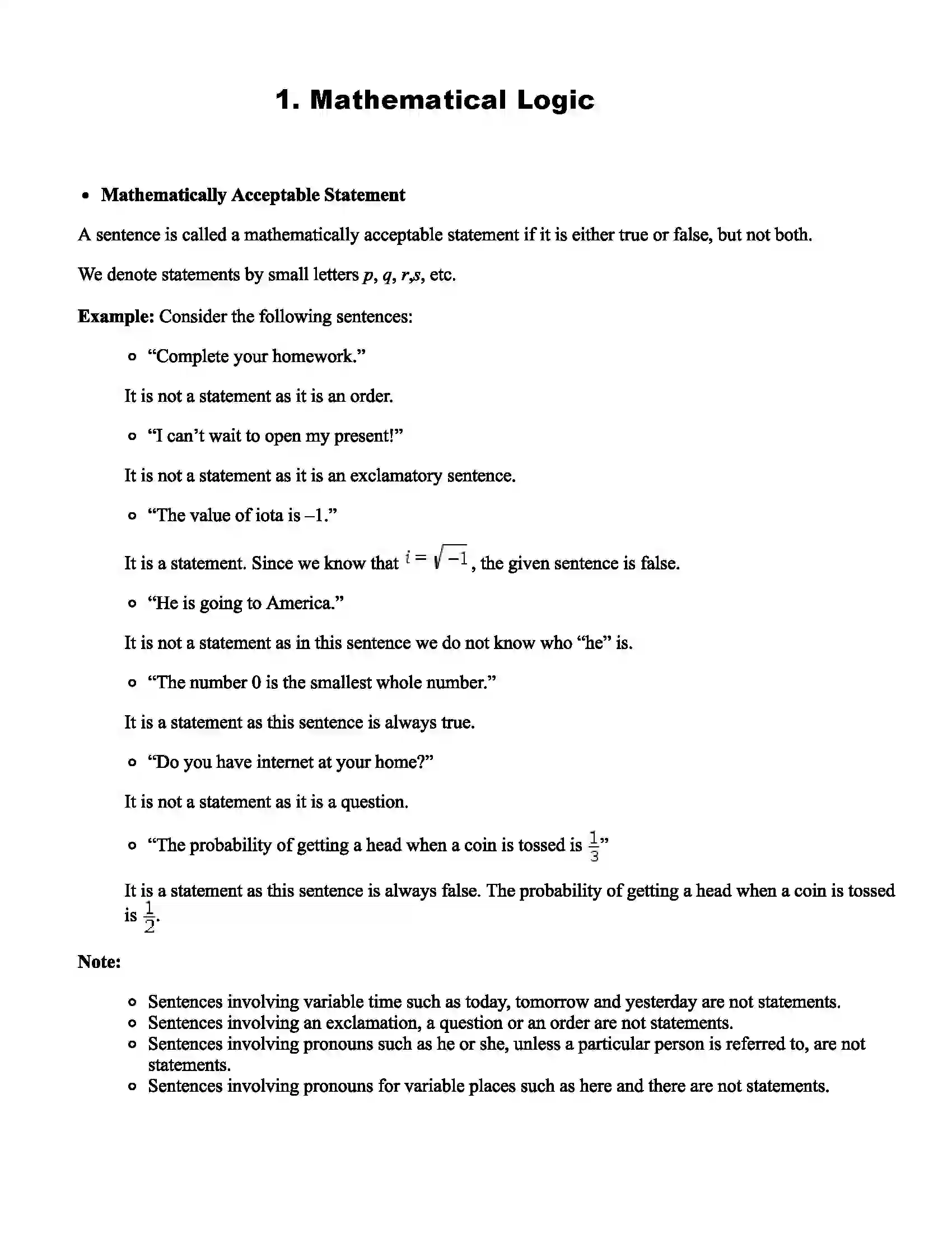 Maharashtra Board Class 12th Mathematics Part - I Mathematical Logic Revision Note 1