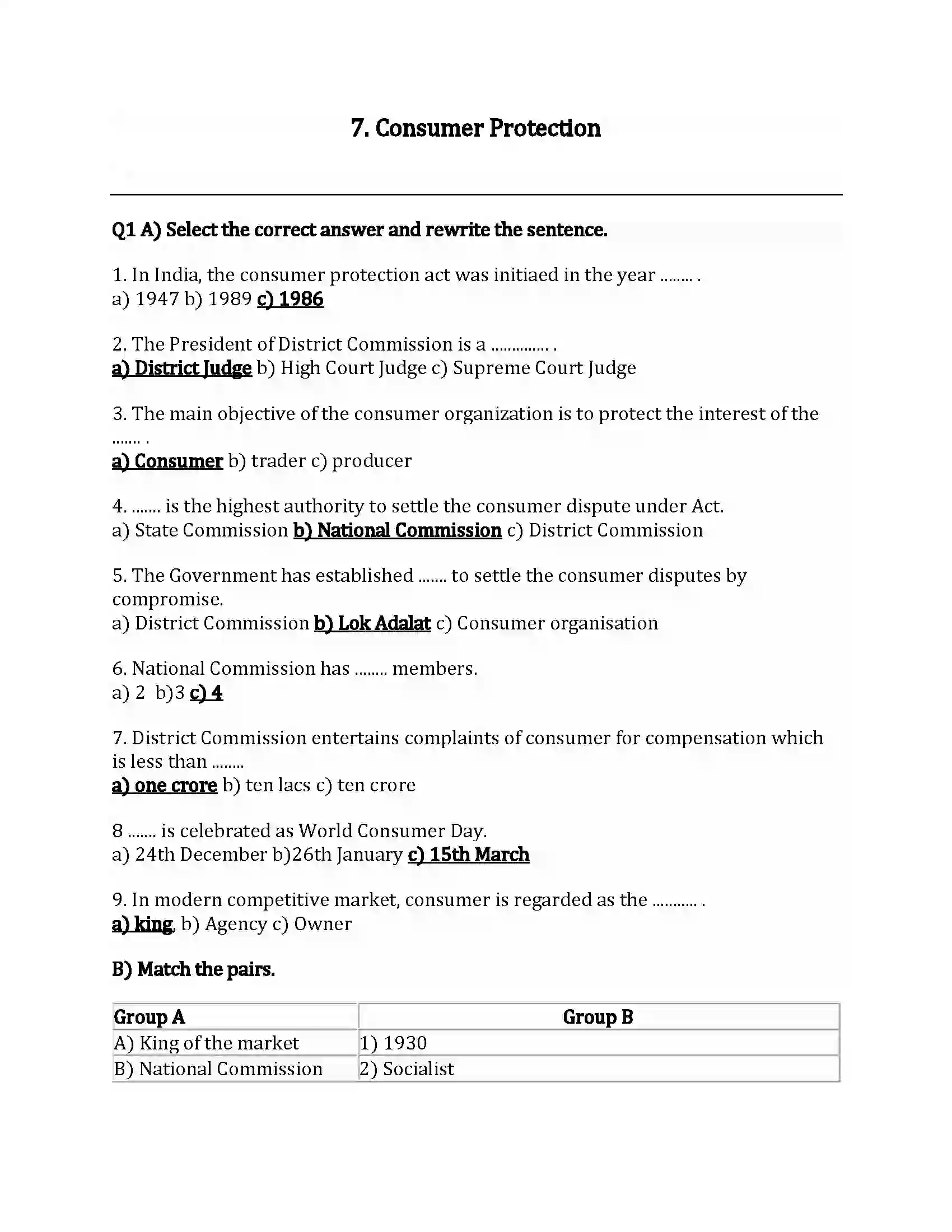 Maharashtra Board Class 12th Organization of Commerce & Management Consumer Protection Revision Note 1