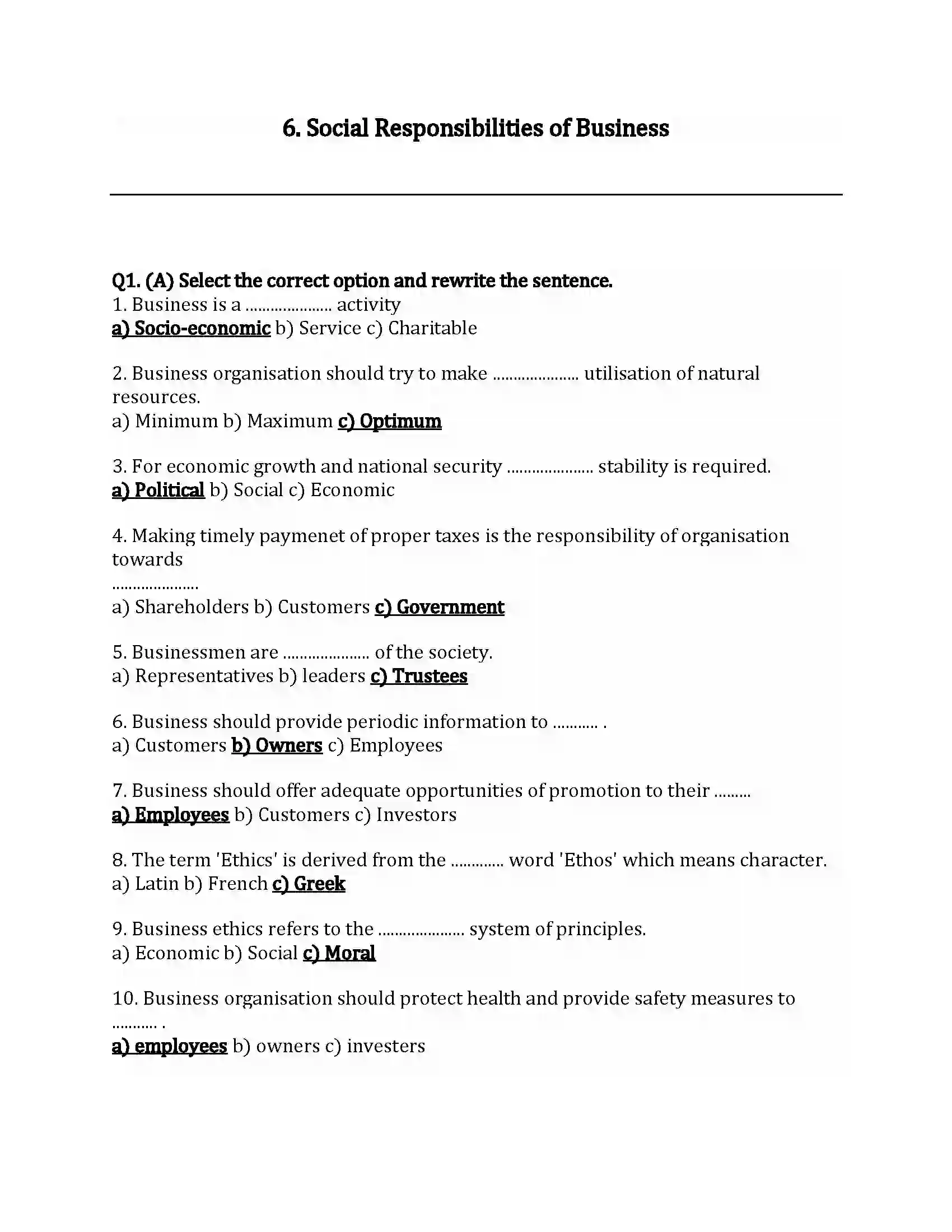 Maharashtra Board Class 12th Organization of Commerce & Management Social Responsibilities of Business Revision Note 1