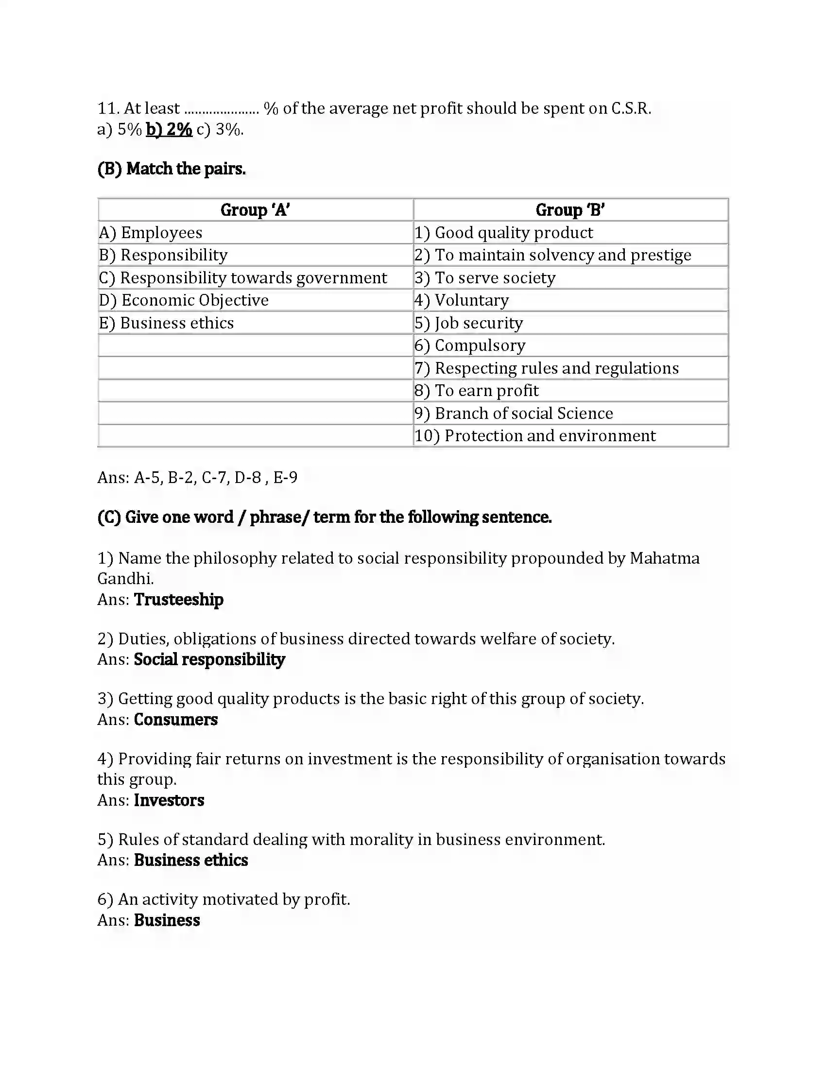 Maharashtra Board Class 12th Organization of Commerce & Management Social Responsibilities of Business Revision Note 2