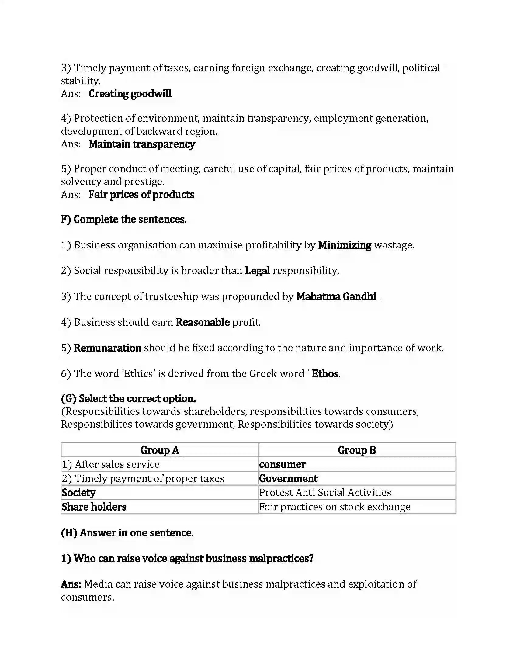 Maharashtra Board Class 12th Organization of Commerce & Management Social Responsibilities of Business Revision Note 4