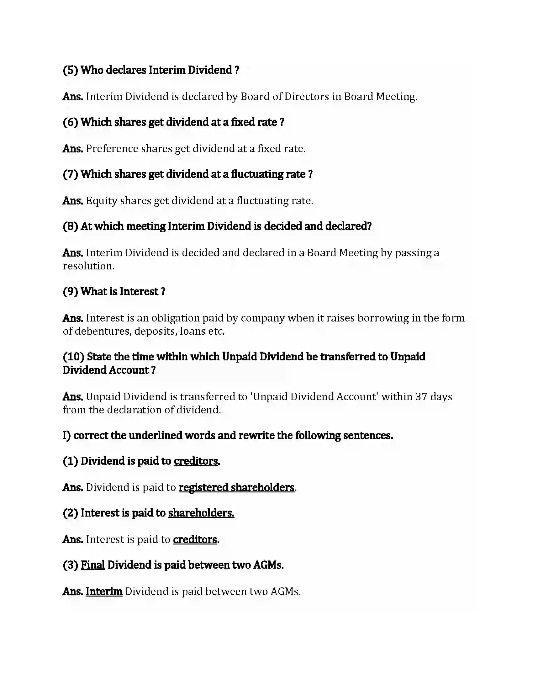 Maharashtra Board Class 12th Secretarial Practice Dividend and Interest Revision Note 9