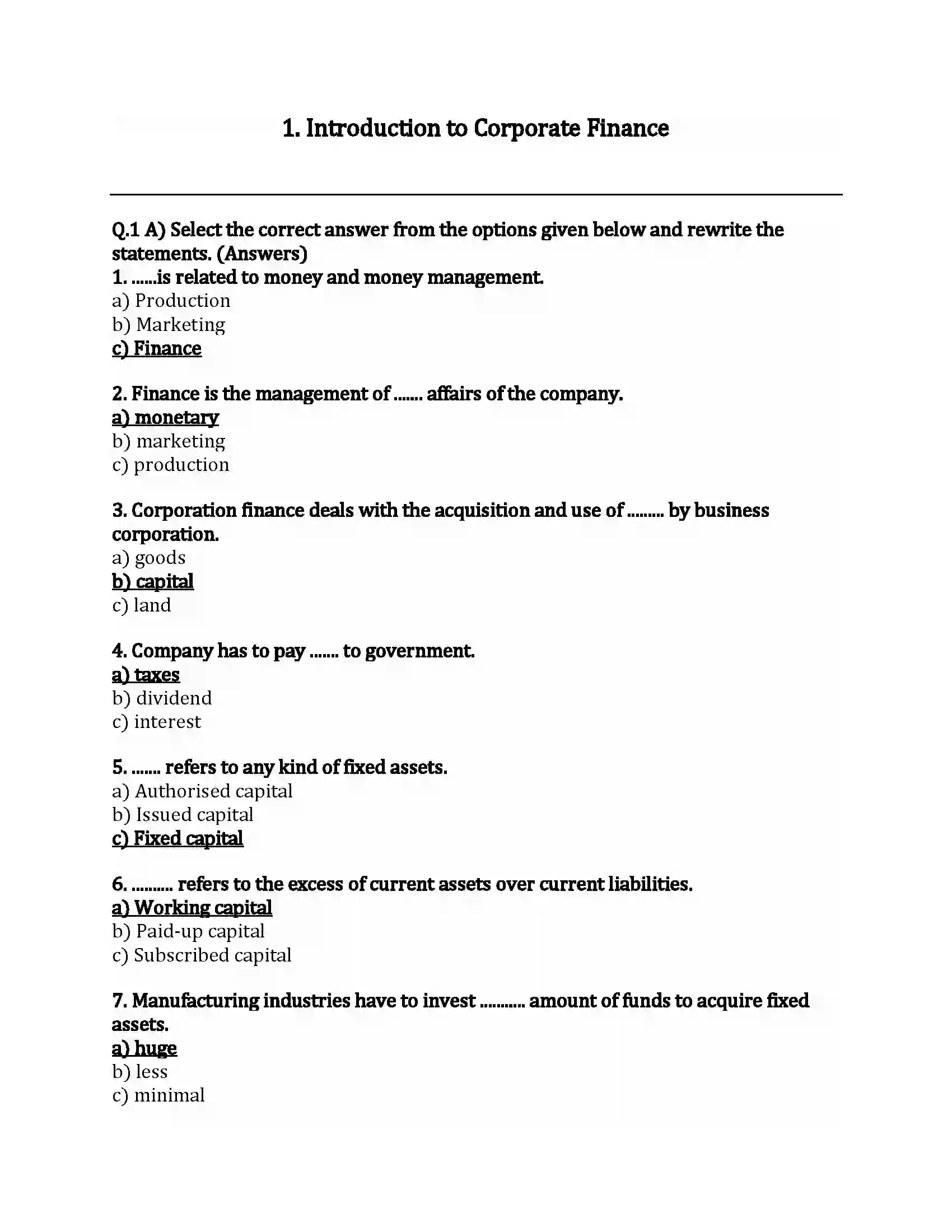 Maharashtra Board Class 12th Secretarial Practice Introduction to Corporate Finance Revision Note 1