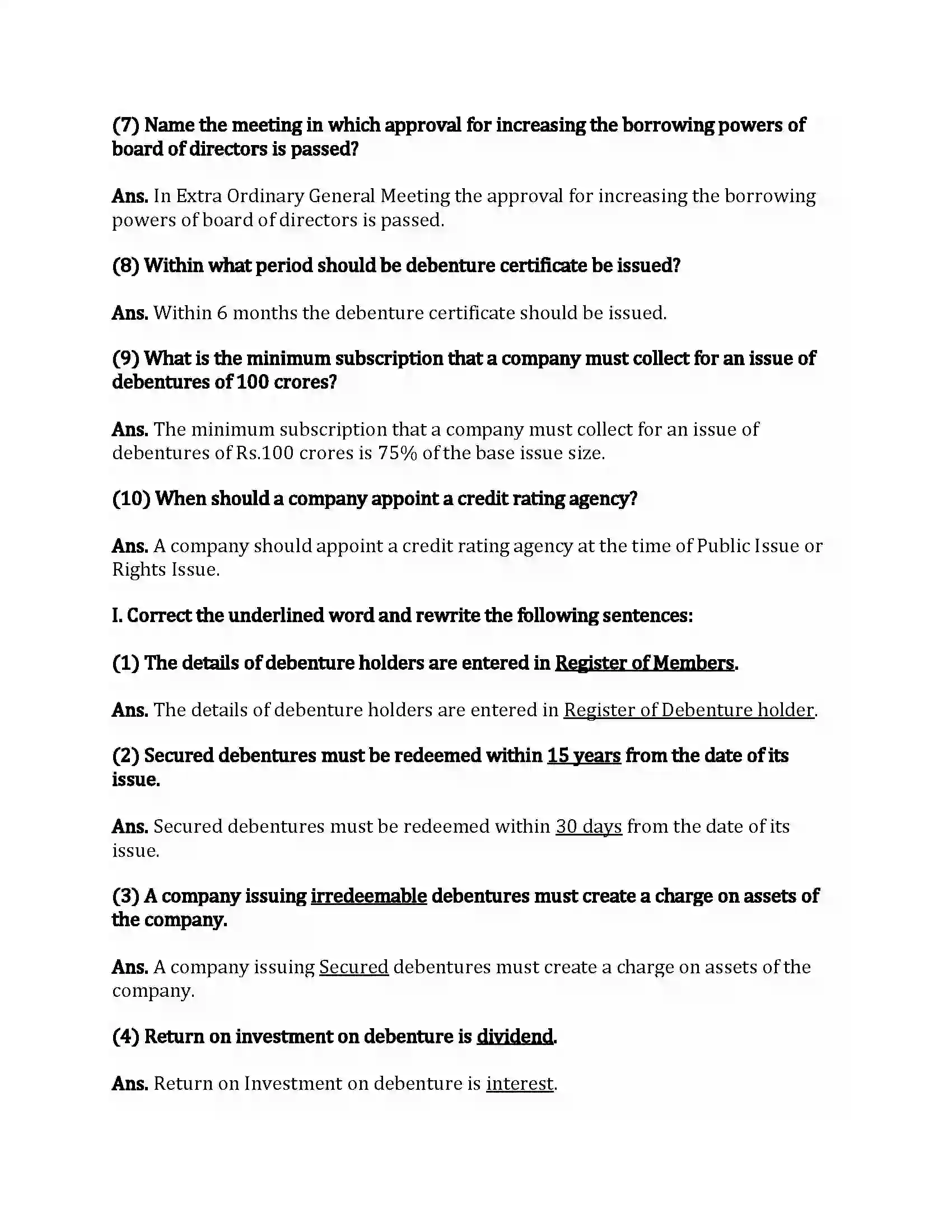Maharashtra Board Class 12th Secretarial Practice Introduction to Corporate Finance Revision Note 7