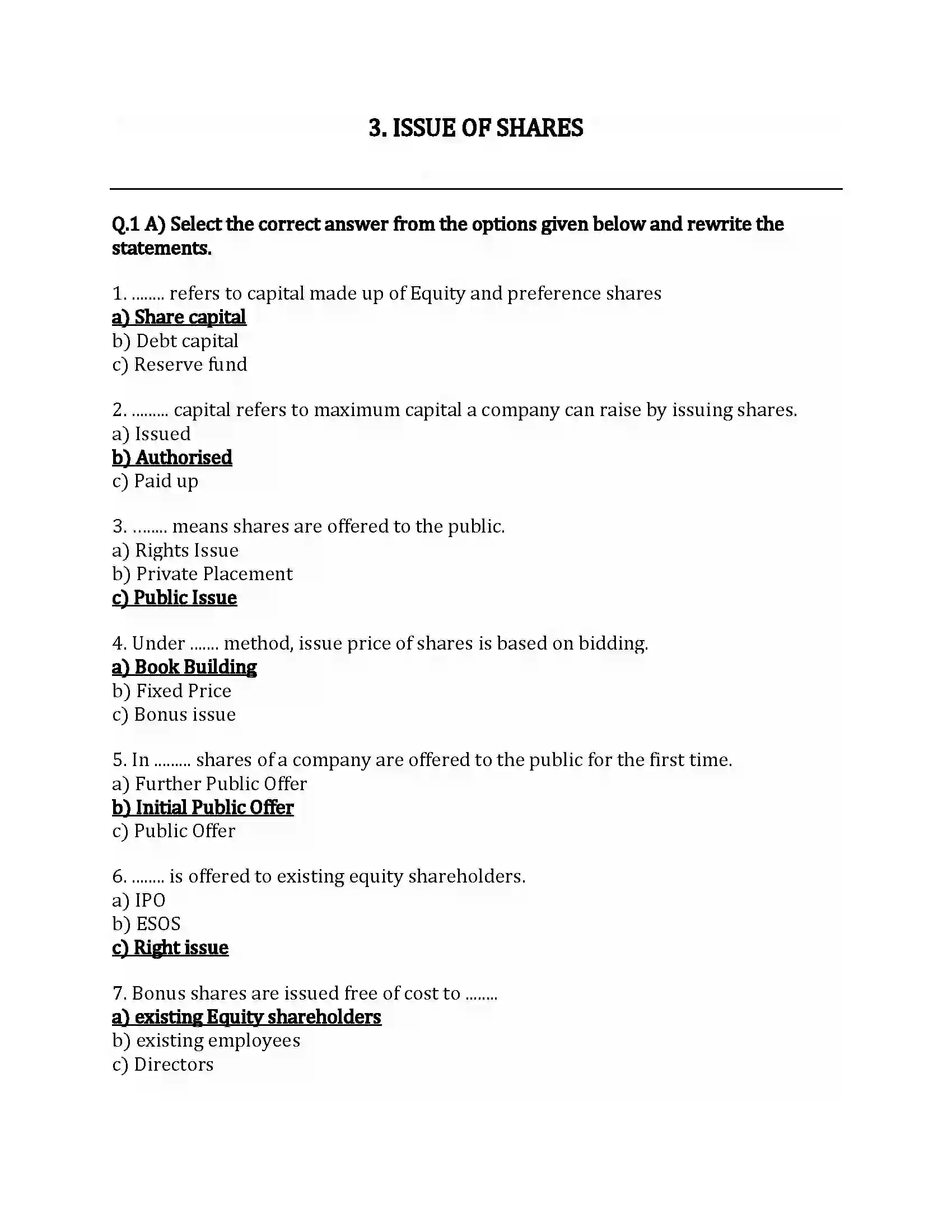 Maharashtra Board Class 12th Secretarial Practice Issue of Shares Revision Note 1
