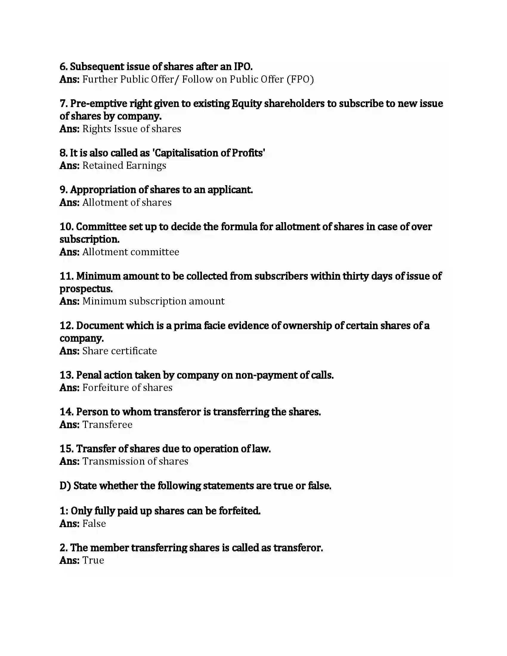 Maharashtra Board Class 12th Secretarial Practice Issue of Shares Revision Note 5
