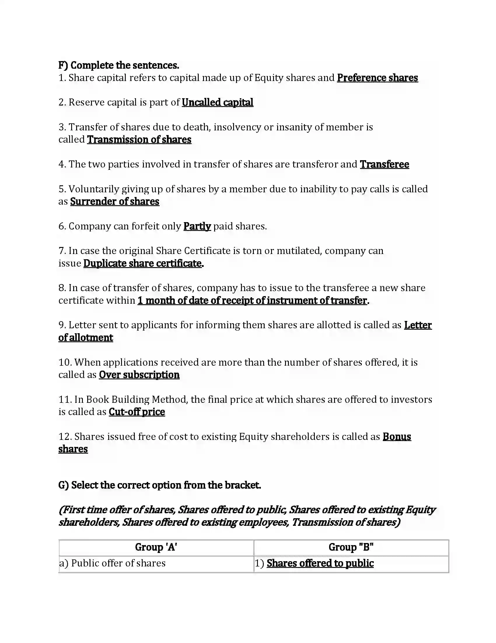 Maharashtra Board Class 12th Secretarial Practice Issue of Shares Revision Note 7