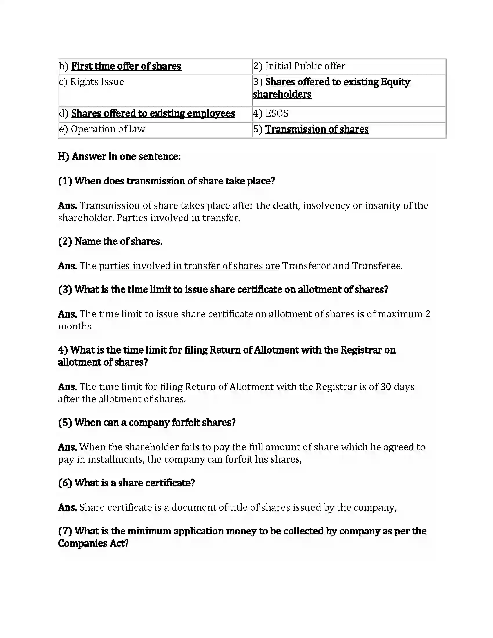 Maharashtra Board Class 12th Secretarial Practice Issue of Shares Revision Note 8
