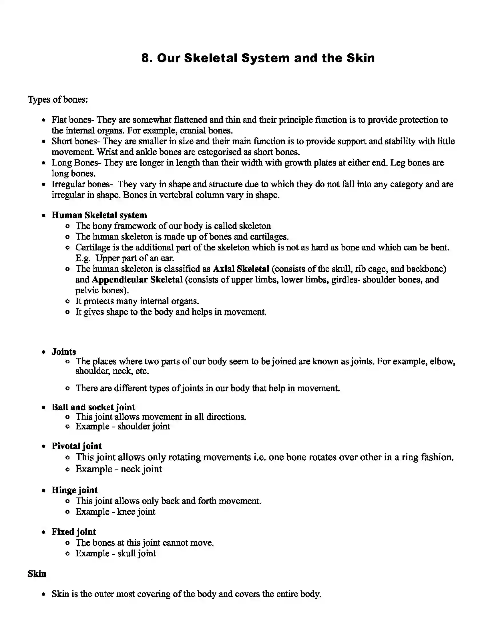 Maharashtra Board Class 6th Science Our Skeletal System and the Skin Revision Note 1