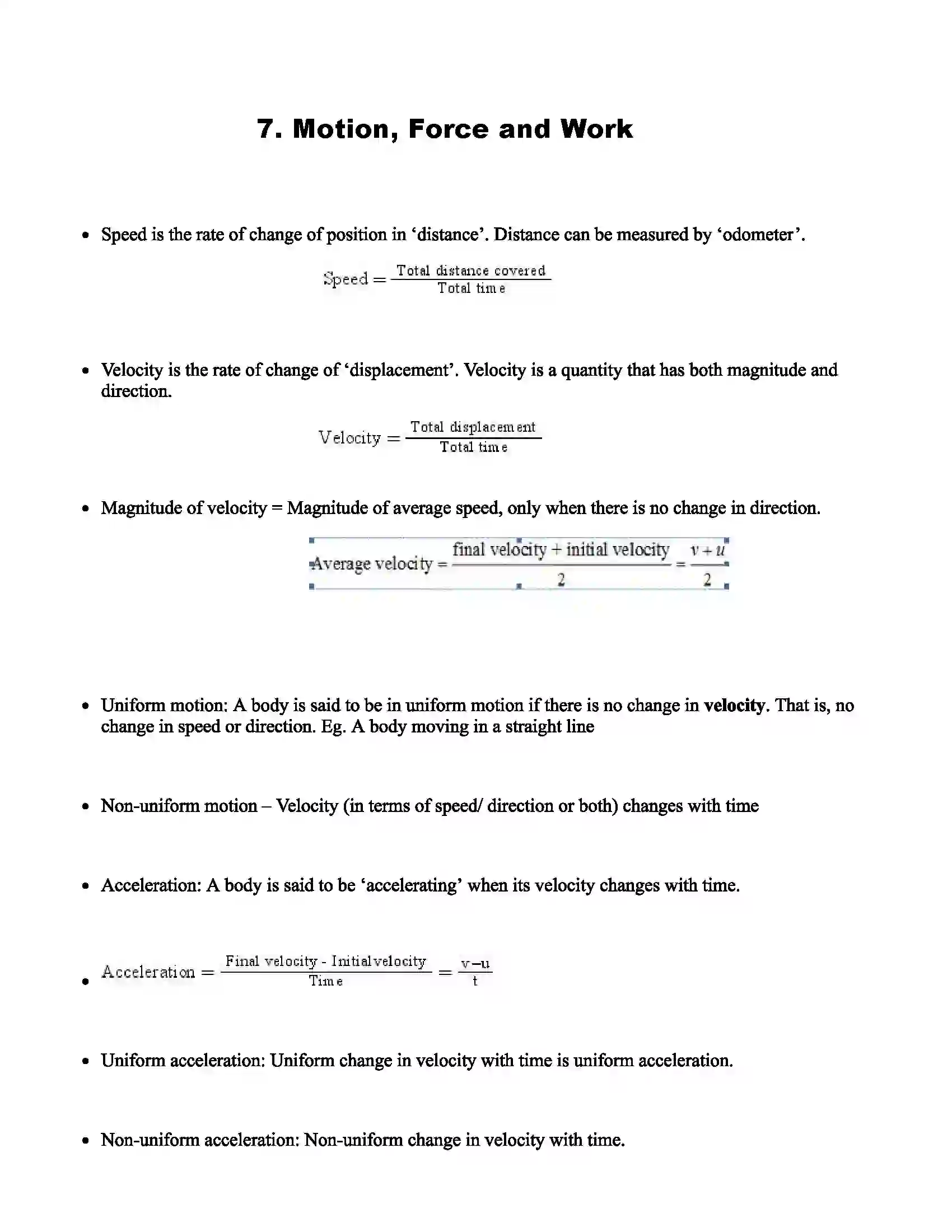 Maharashtra Board Class 7th Science Motion, Force and Work Revision Note 1