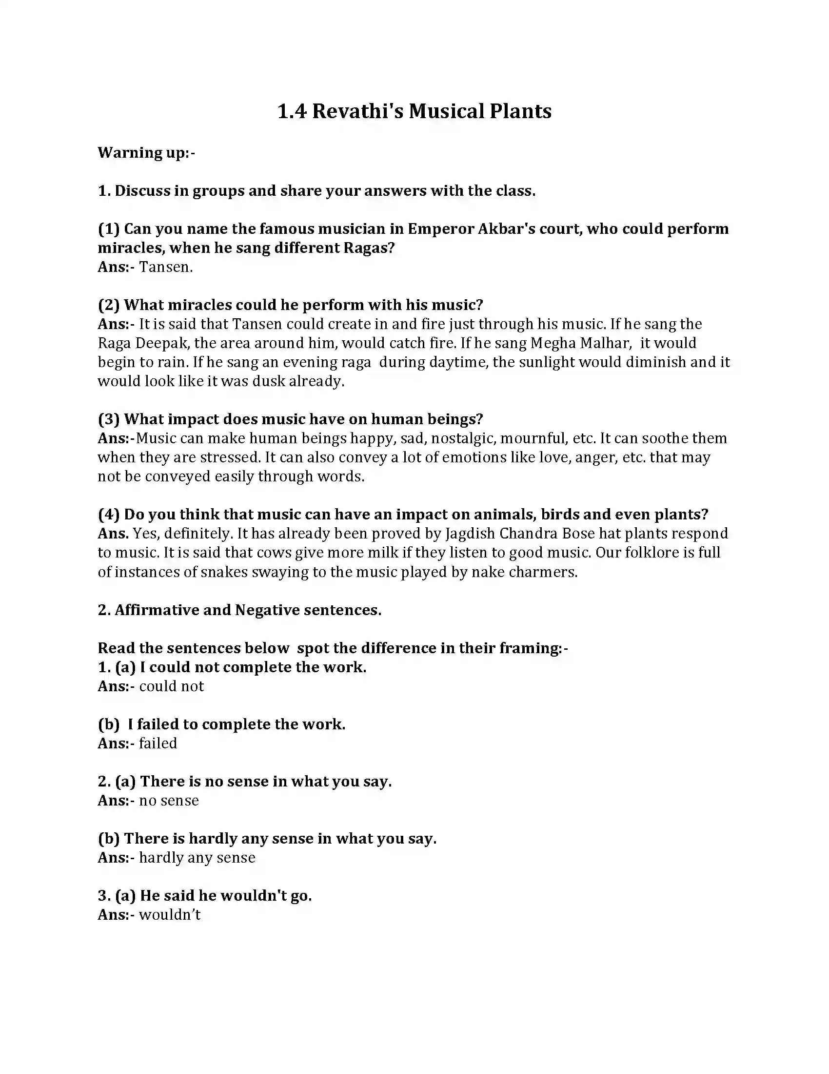 Maharashtra Board Class 8th English Bal Bharti 1.4 Revathis Musical Plants Revision Note 1