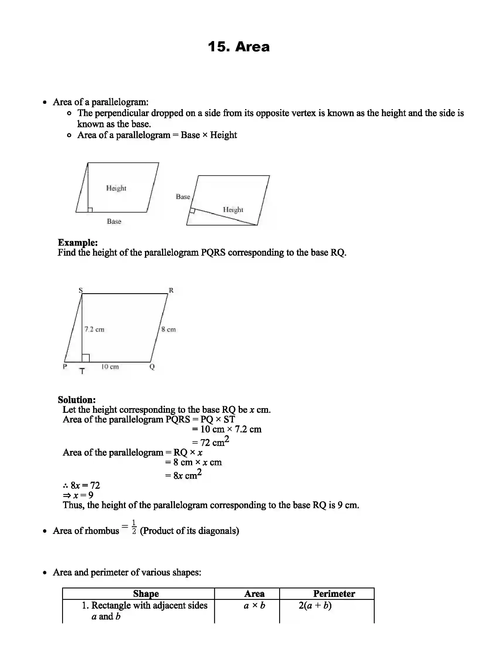 Maharashtra Board Class 8th Mathematics Area Revision Note 1