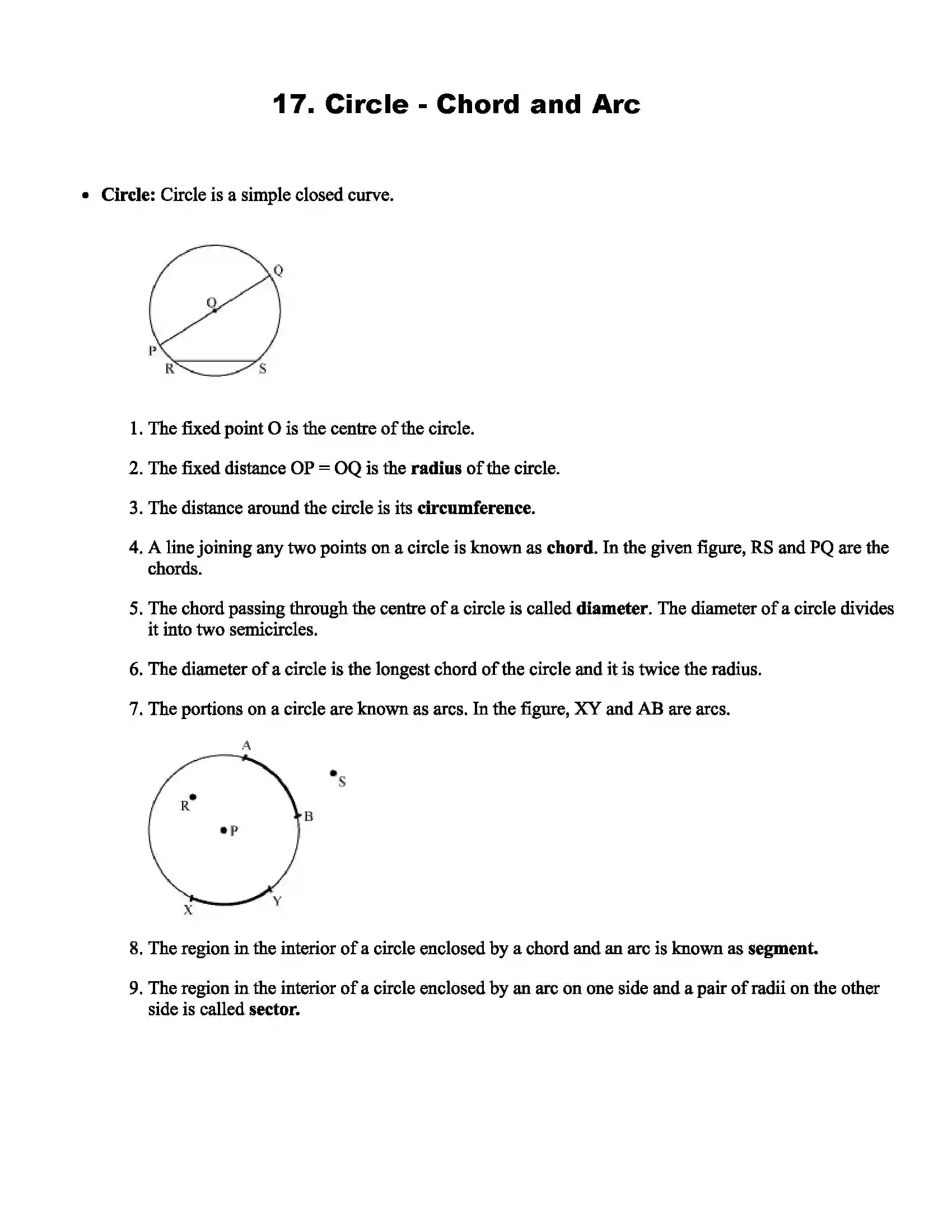Maharashtra Board Class 8th Mathematics Circle - Chord and Arc Revision Note 1