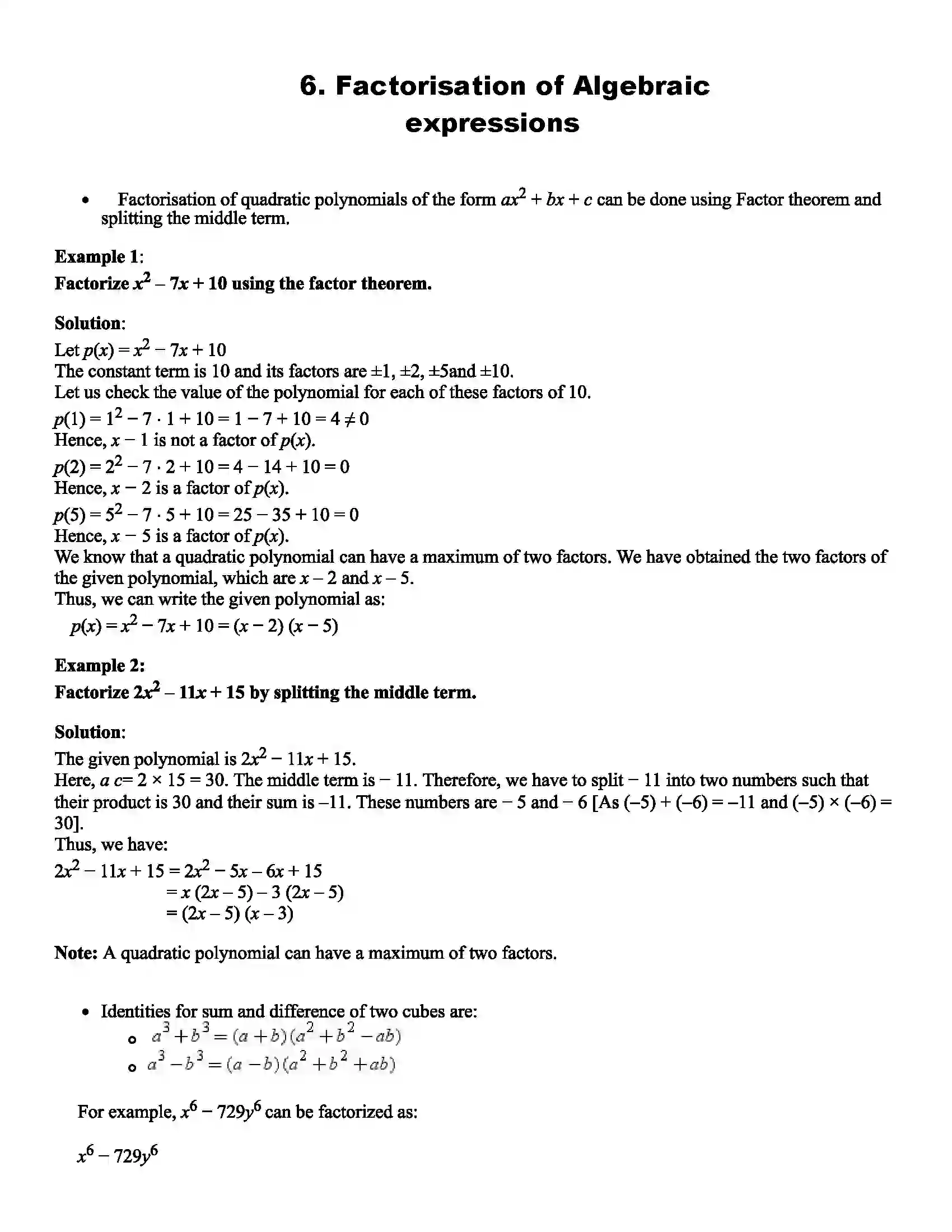Maharashtra Board Class 8th Mathematics Factorisation of Algebraic expressions Revision Note 1