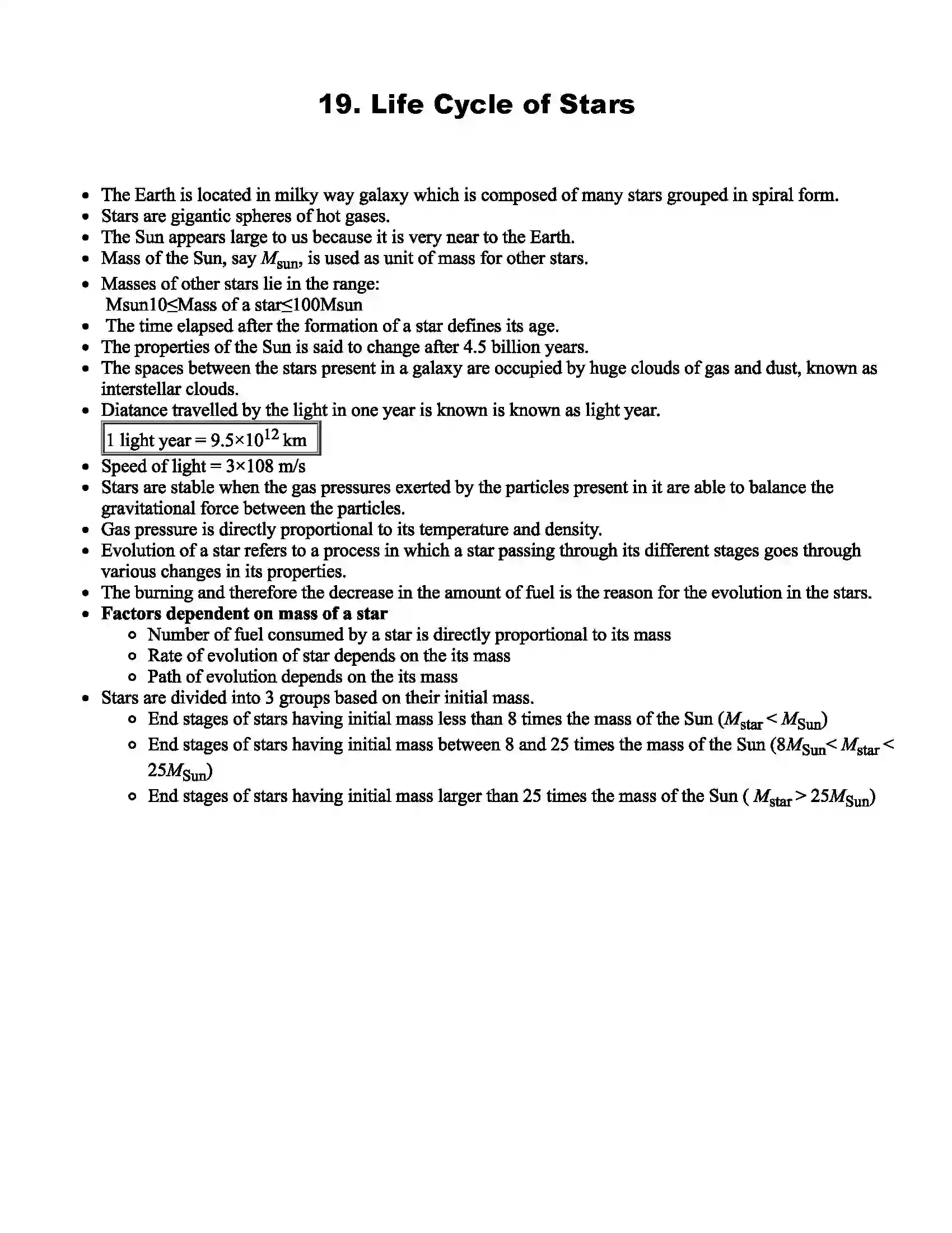 Maharashtra Board Class 8th Science Life Cycle of Stars Revision Note 1
