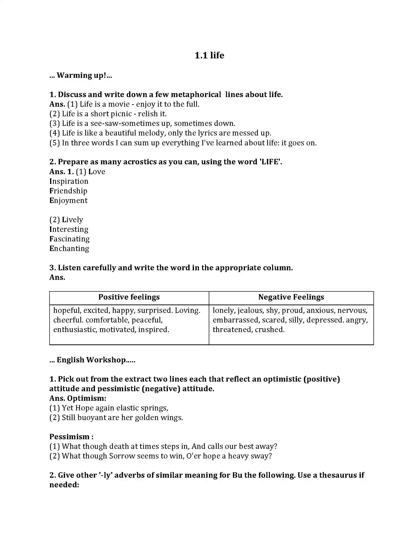 Maharashtra Board Class 9th English Kumar Bharati 1.1 life Revision Note 1