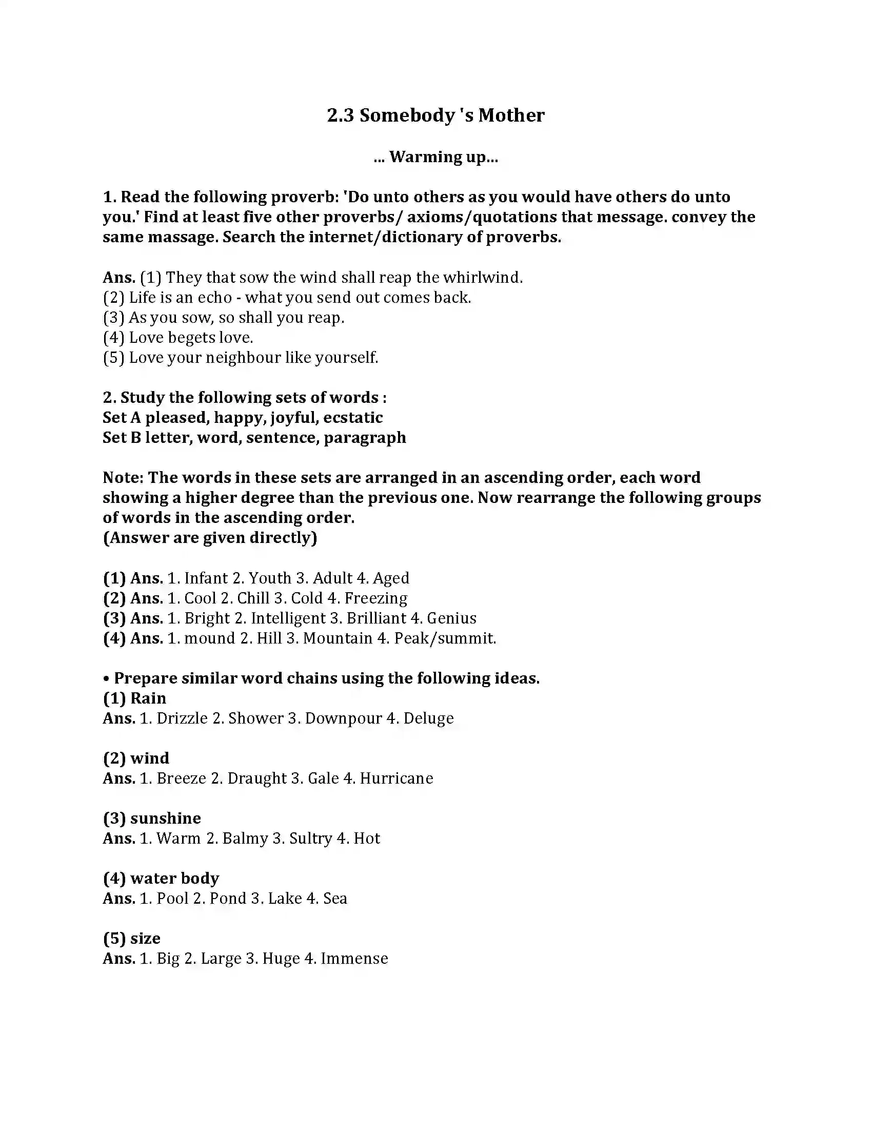 Maharashtra Board Class 9th English Kumar Bharati 2.3 Somebody s Mother Revision Note 1