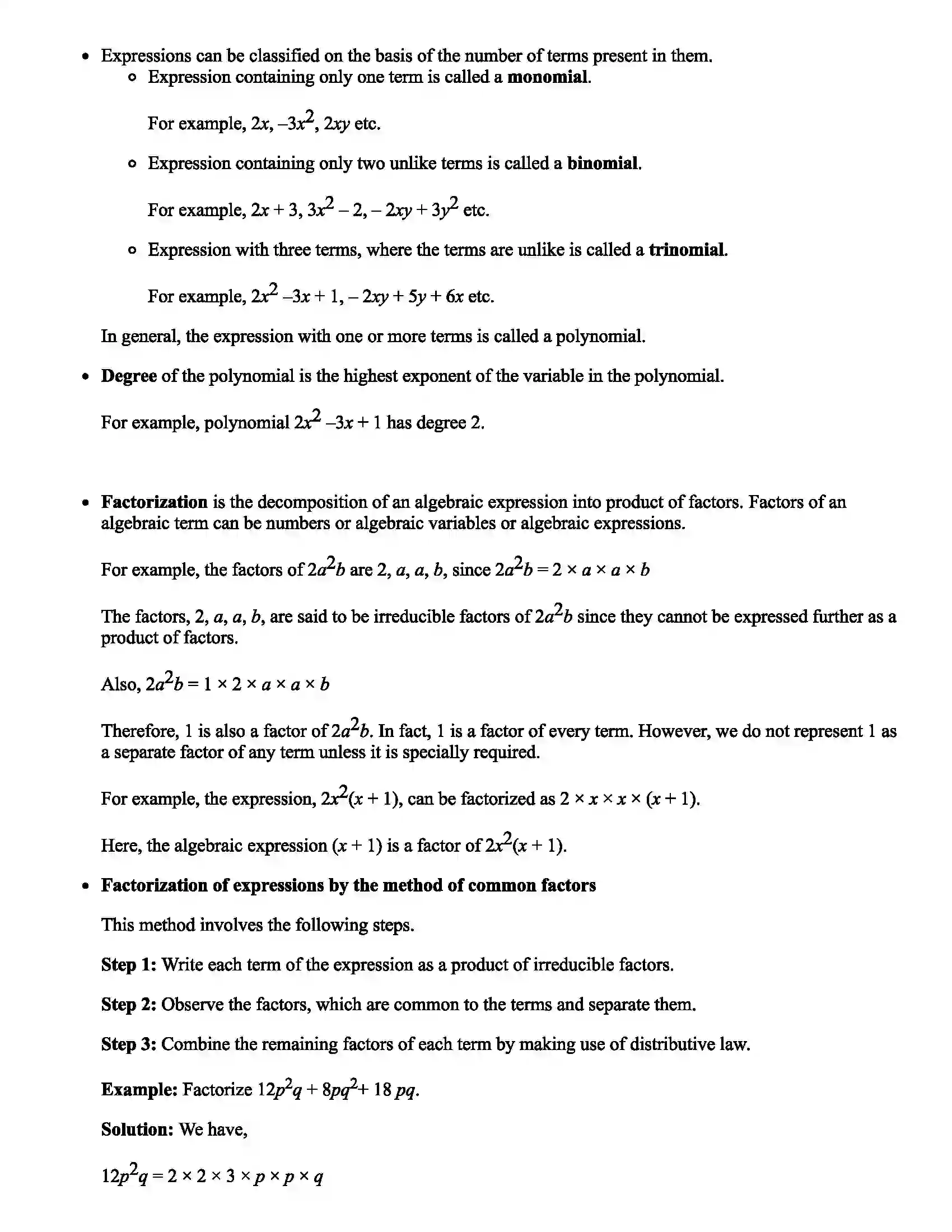Maharashtra Board Class 9th Mathematics Algebraic Expressions Revision Note 2