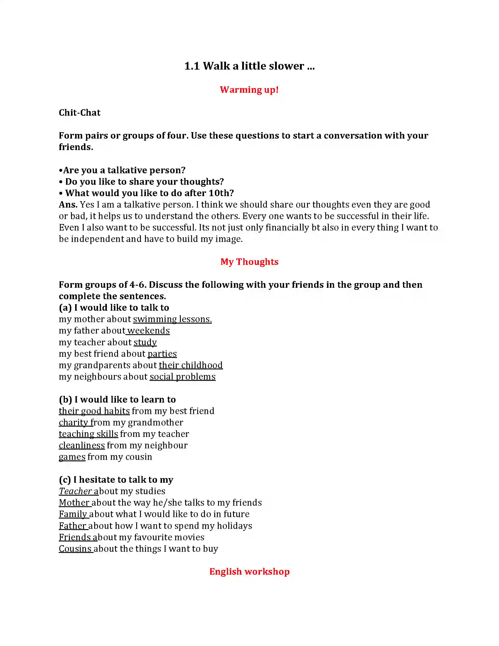 Maharashtra Board Class 9th My English Course Book 1.1 Walk a Little Slower... Revision Note 1