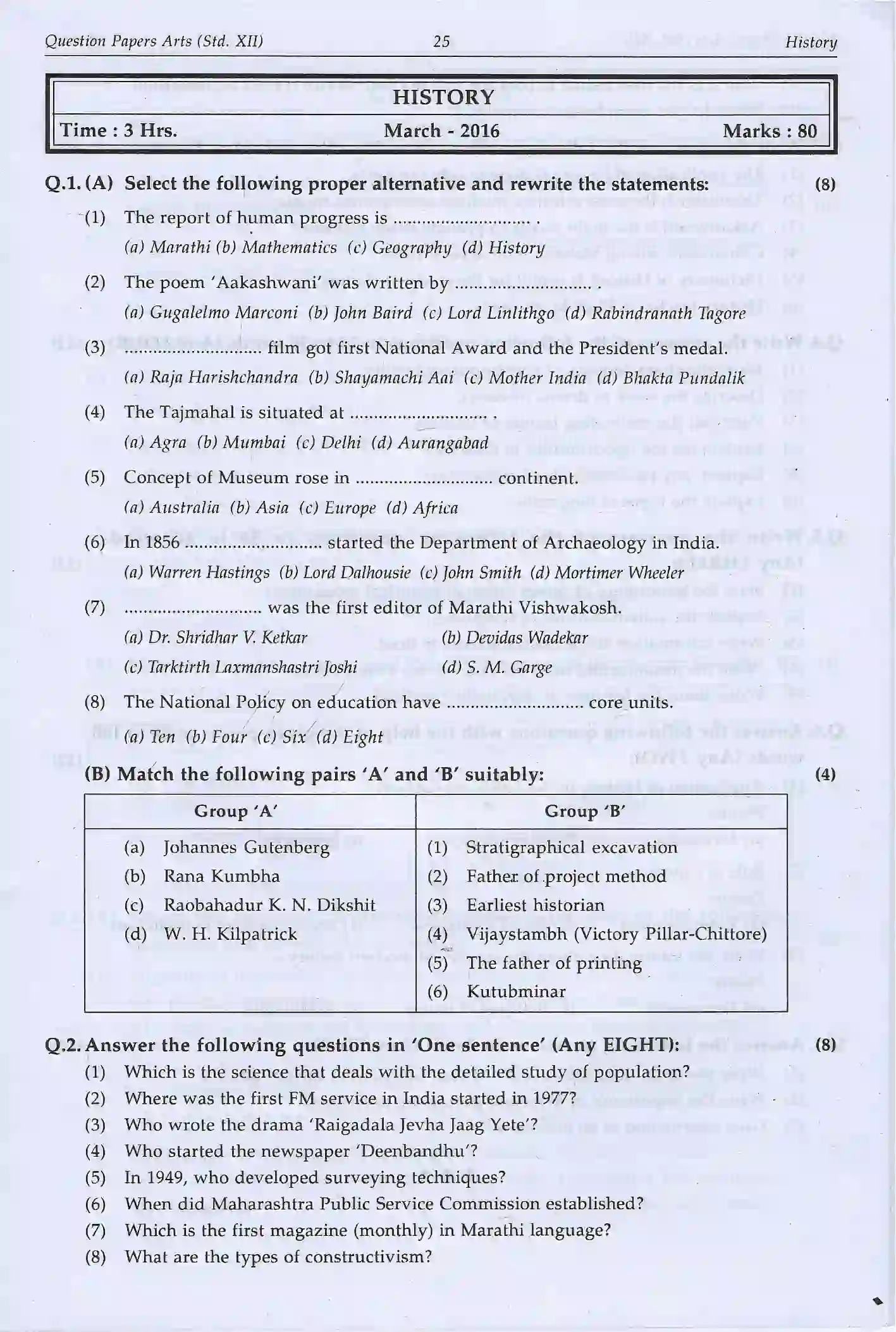 Maharashtra Board Class 12th 2020 History Sample Paper 1