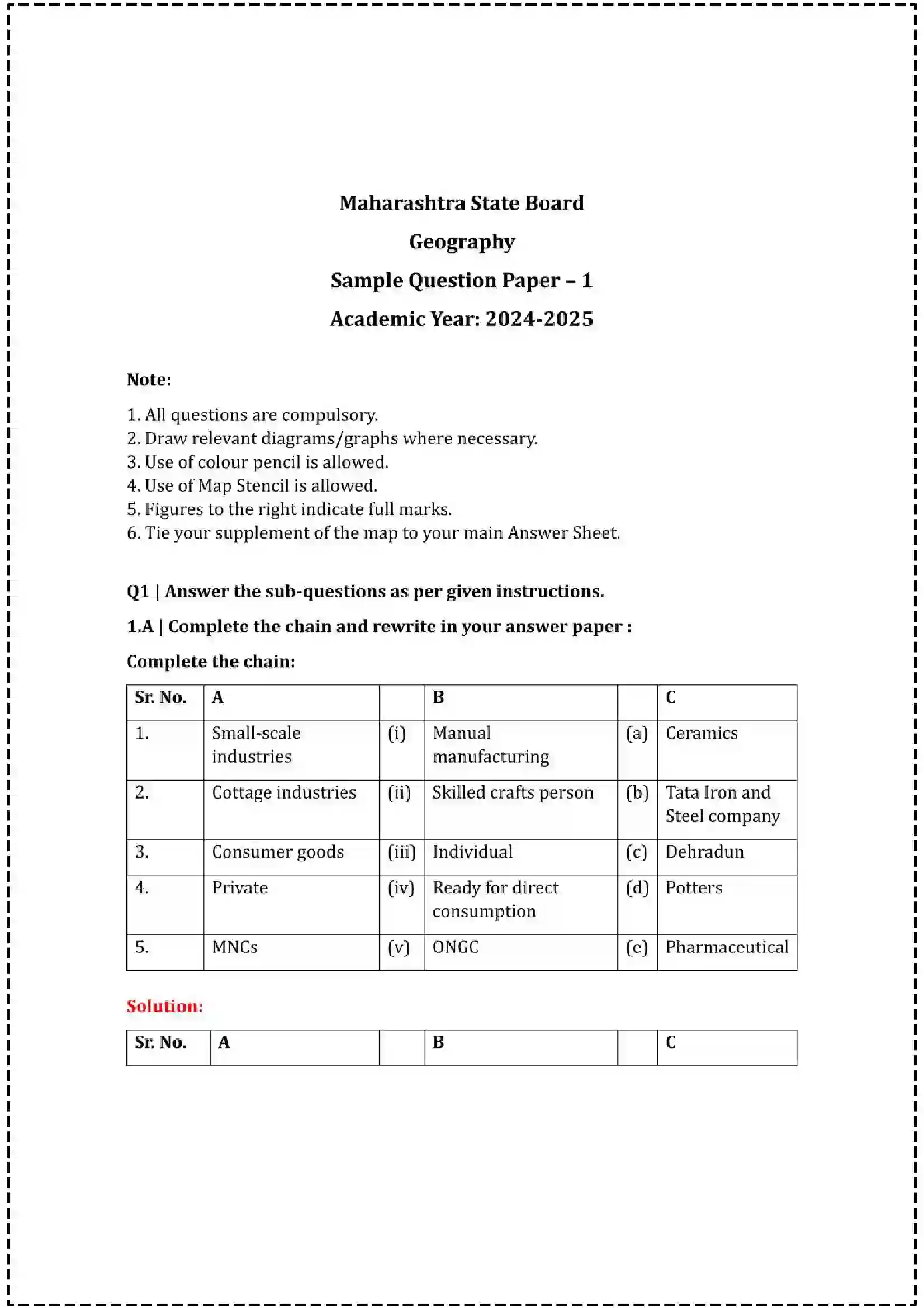 Maharashtra Board Class 12th 2025 Geography Set - 1 - Sample Paper 1