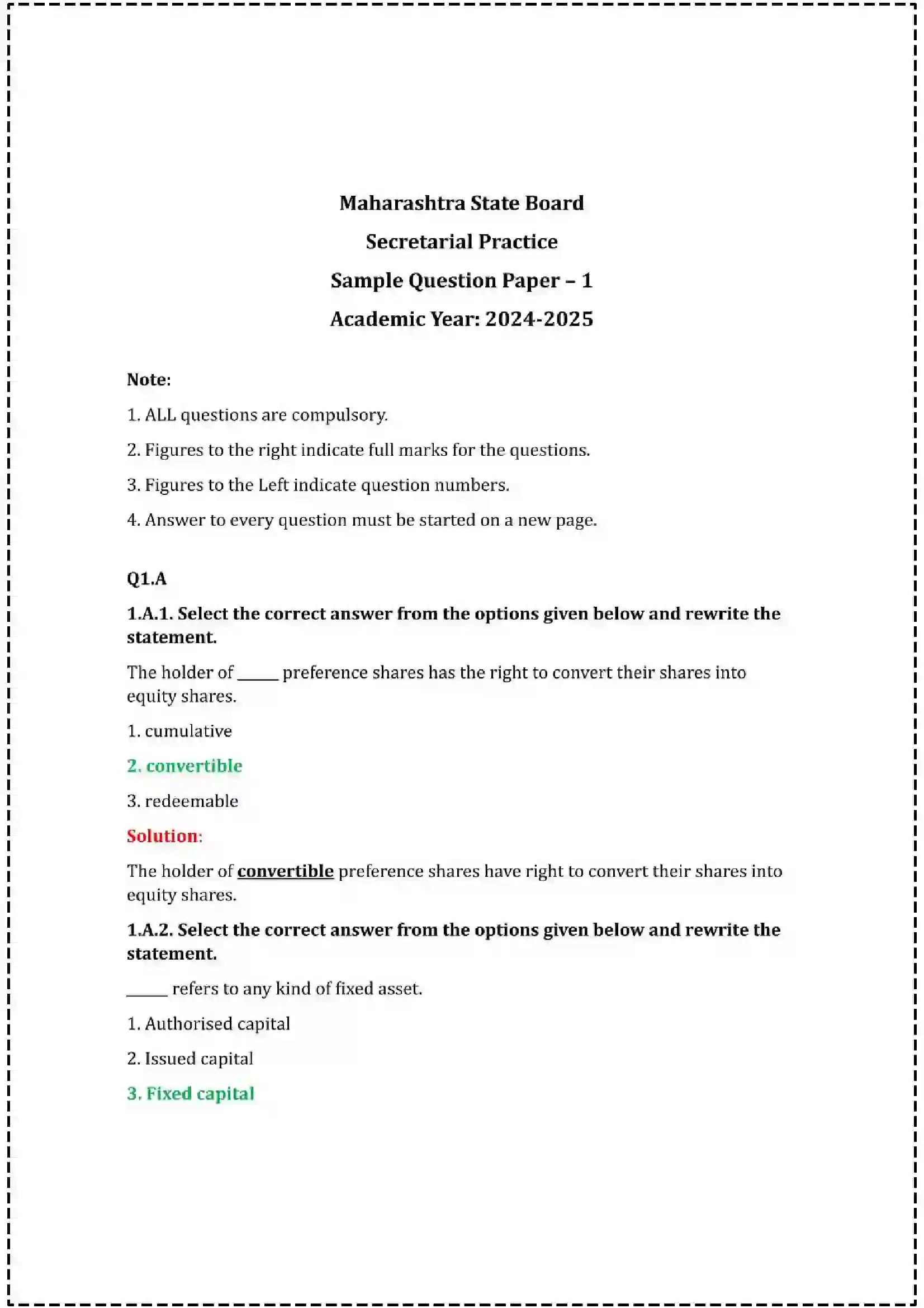 Maharashtra Board Class 12th 2025 Secretarial Practice Set - 1 - Sample Paper 1