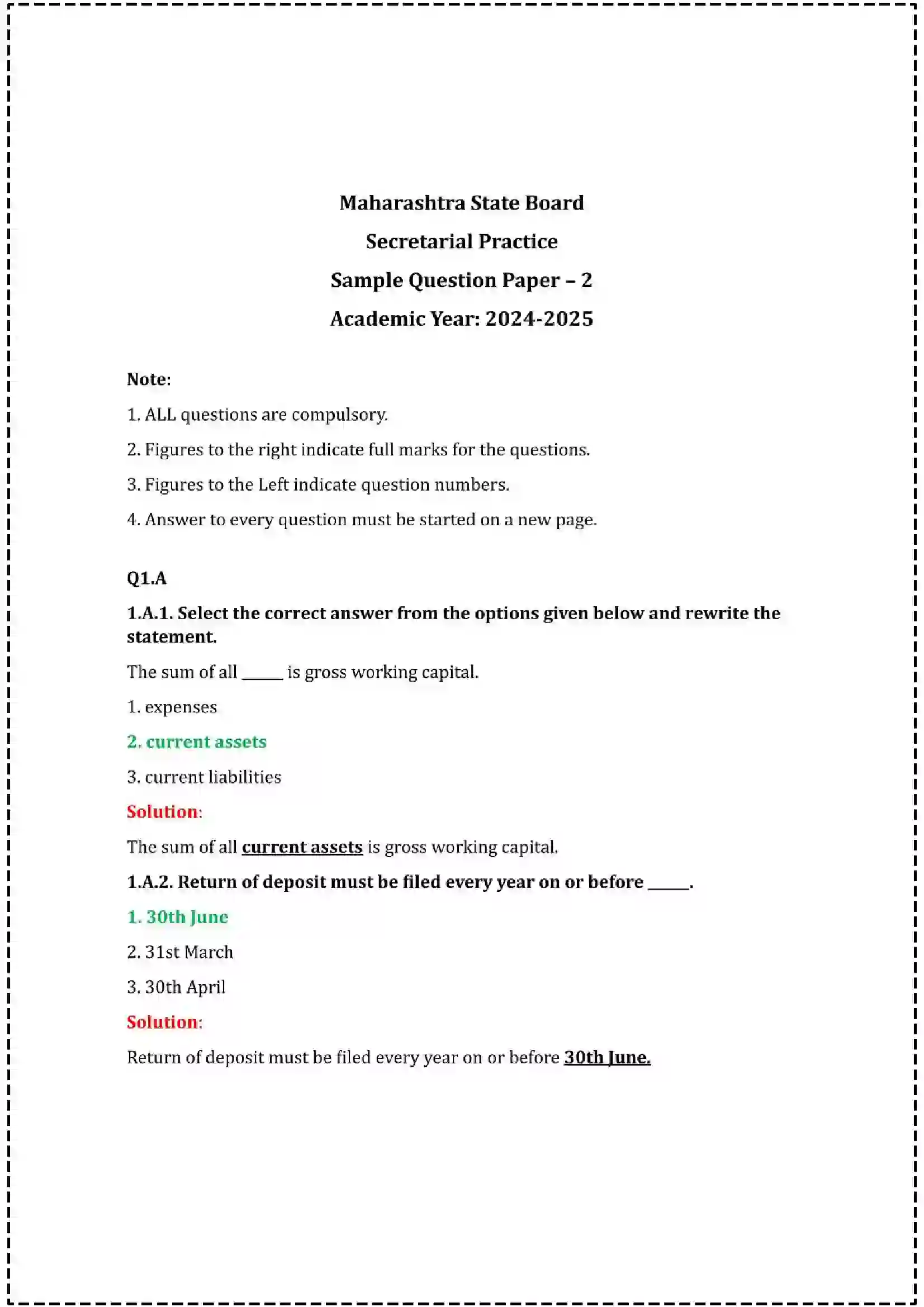 Maharashtra Board Class 12th 2025 Secretarial Practice Set - 2 - Sample Paper 1