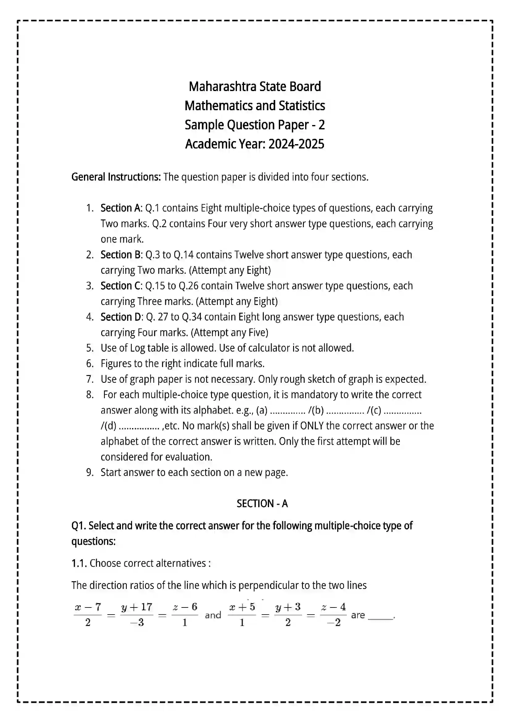 Maharashtra Board Class 12th 2025 Mathematics and Statistics Set - 2 - Sample Paper 1