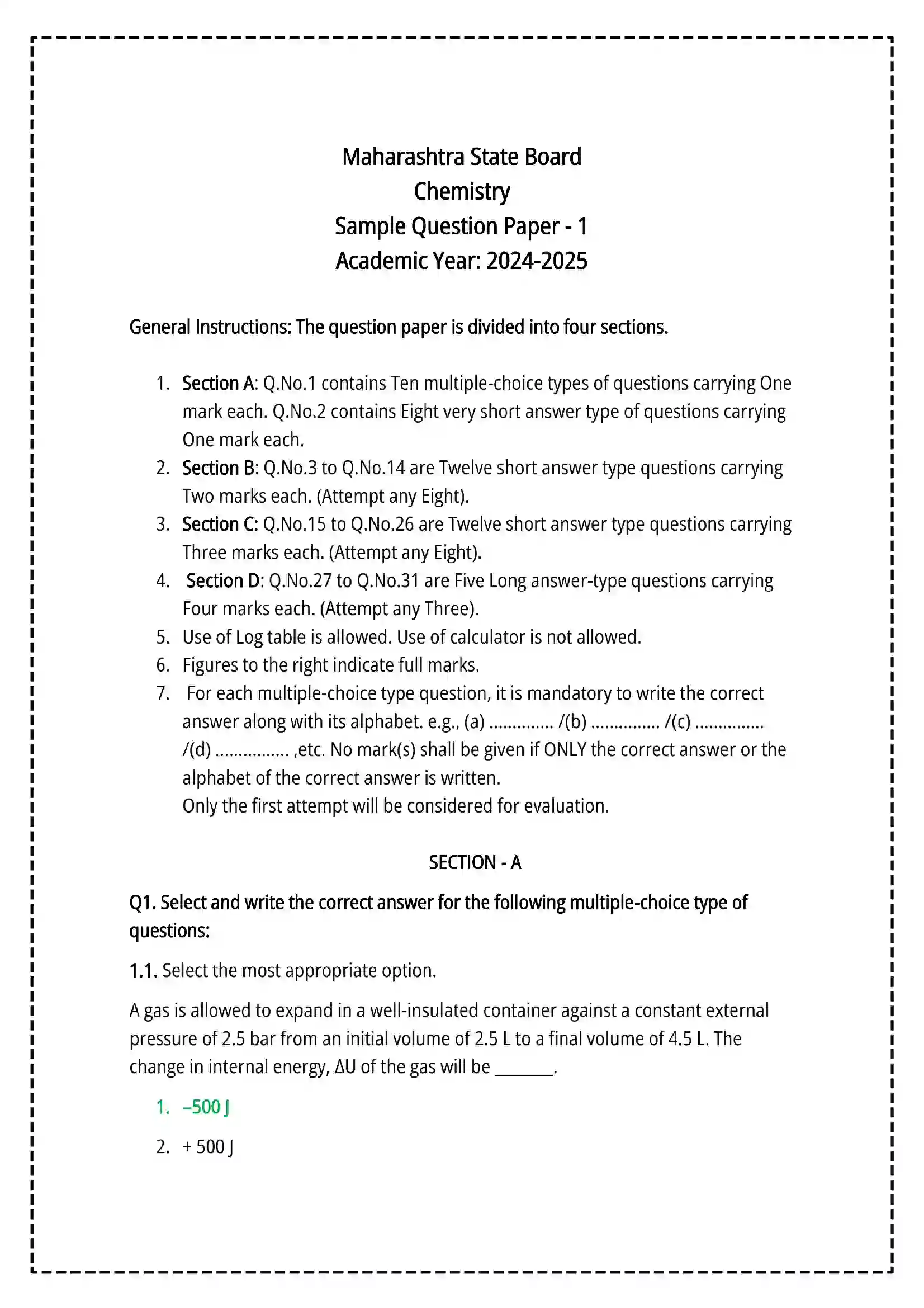 Maharashtra Board Class 12th 2025 Chemistry Set- 1 - Sample Paper 1