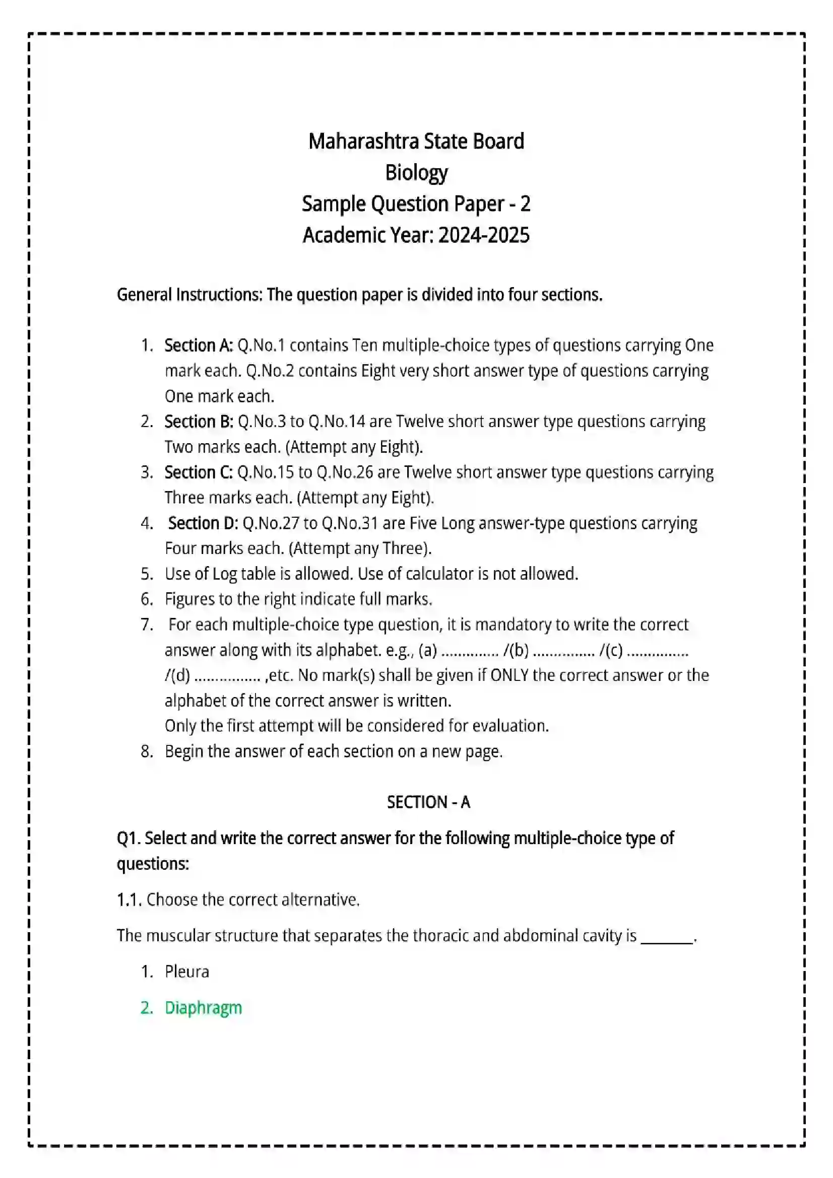 Maharashtra Board Class 12th 2025 Biology Set - 2 - Sample Paper 1