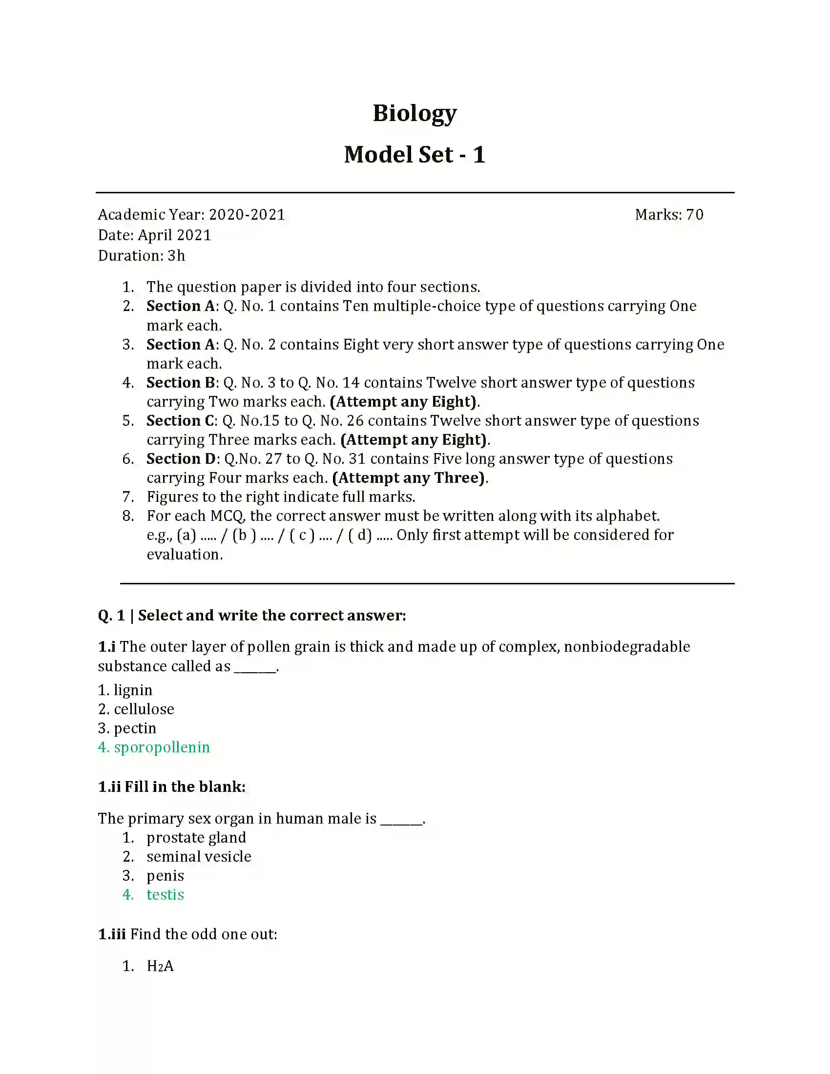 Maharashtra Board Class 12th 2025 Biology Sample Paper 1