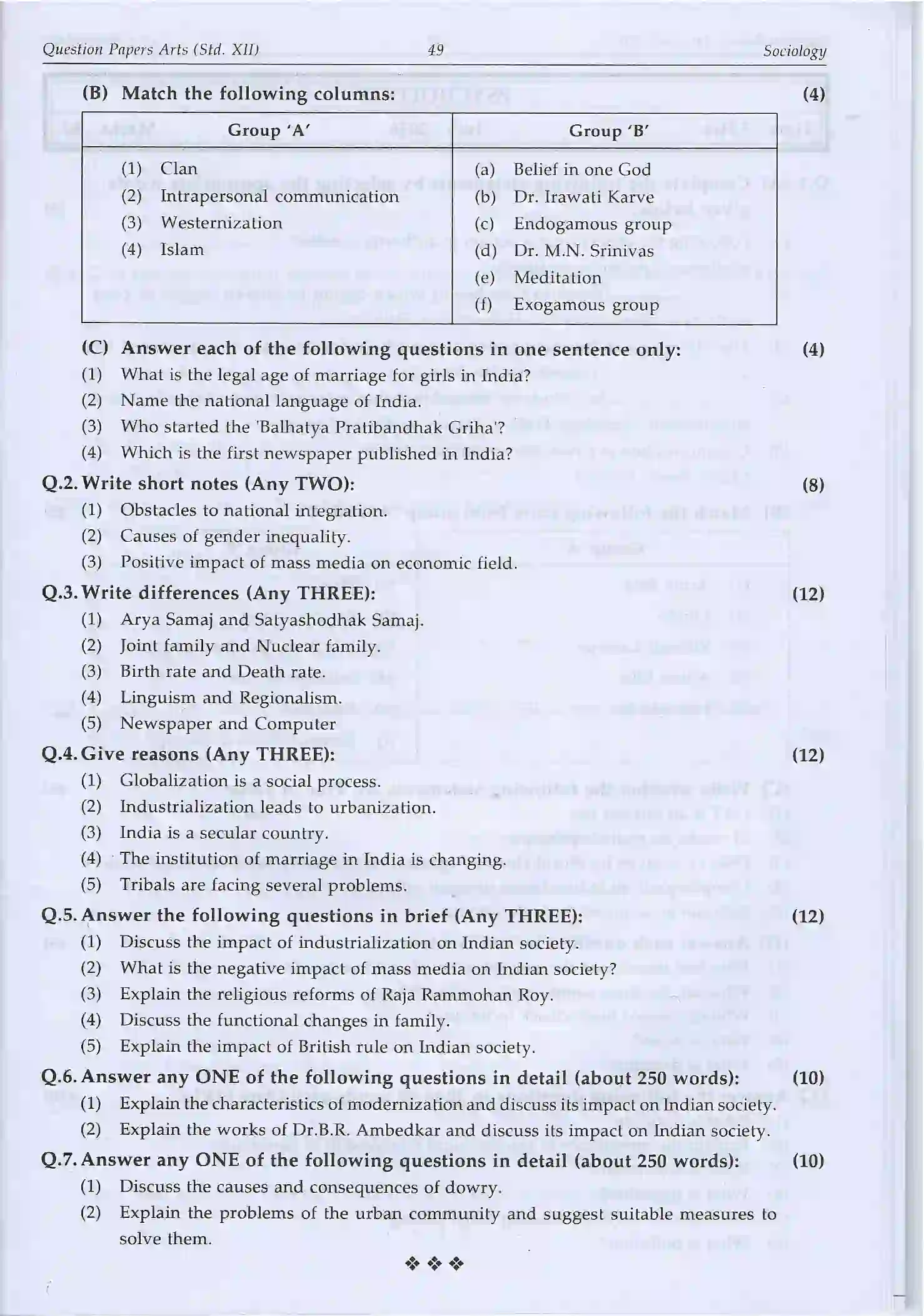 Maharashtra Board Class 12th 2025 Sociology Sample Paper 2