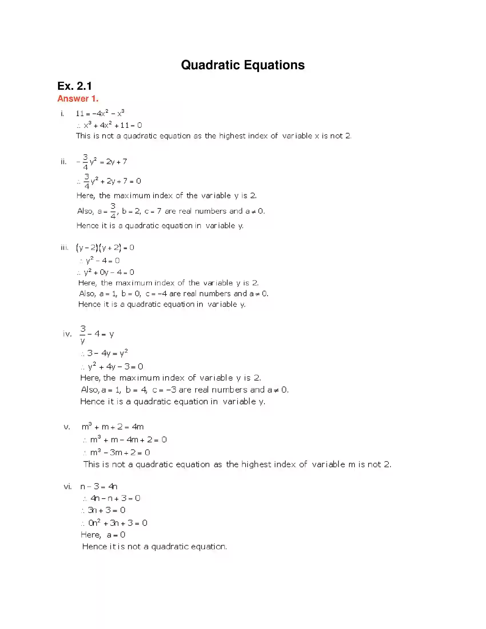 Maharashtra Board Class 10th Algebra - English Medium Quadratic Equations Solution 1