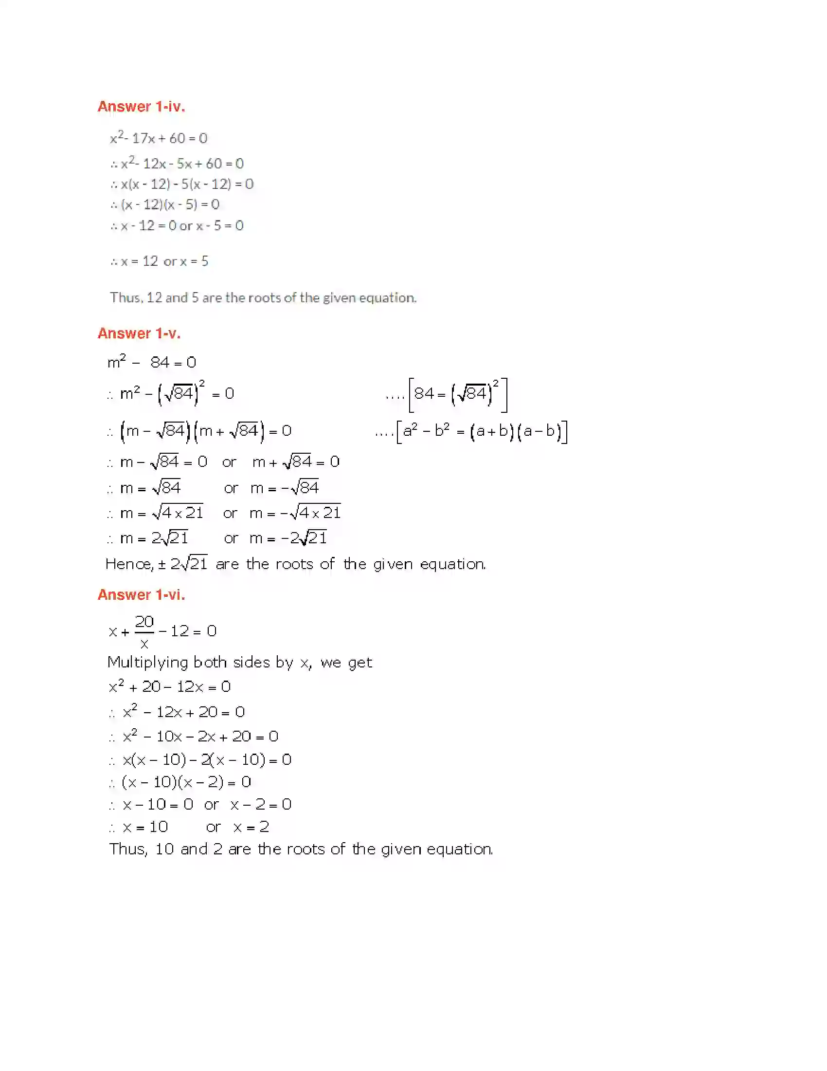 Maharashtra Board Class 10th Algebra - English Medium Quadratic Equations Solution 11