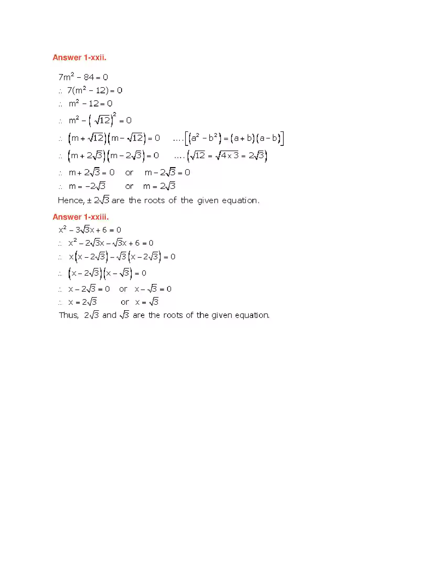 Maharashtra Board Class 10th Algebra - English Medium Quadratic Equations Solution 17