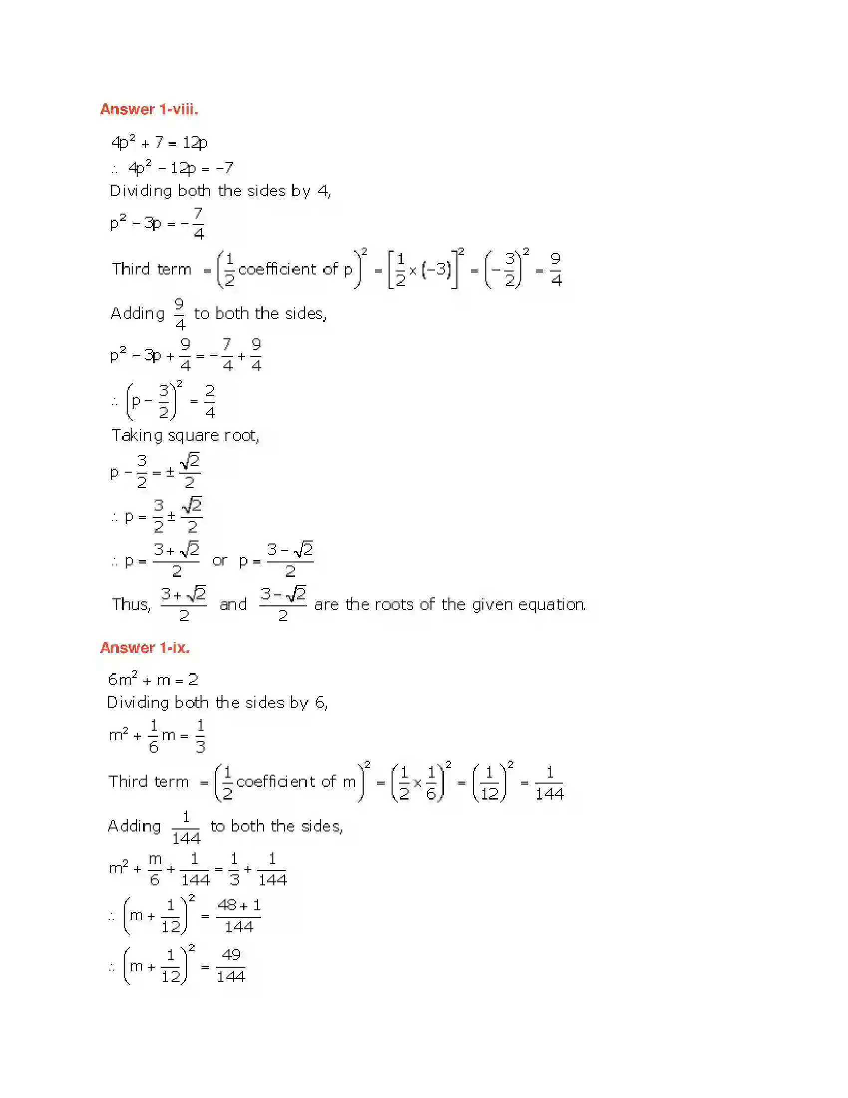 Maharashtra Board Class 10th Algebra - English Medium Quadratic Equations Solution 22