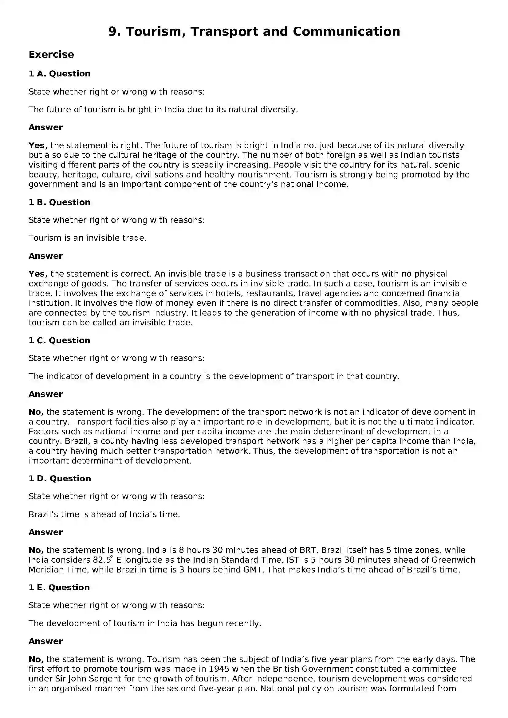 Maharashtra Board Class 10th Geography - English Medium Tourism, Transport and Communication Solution 1