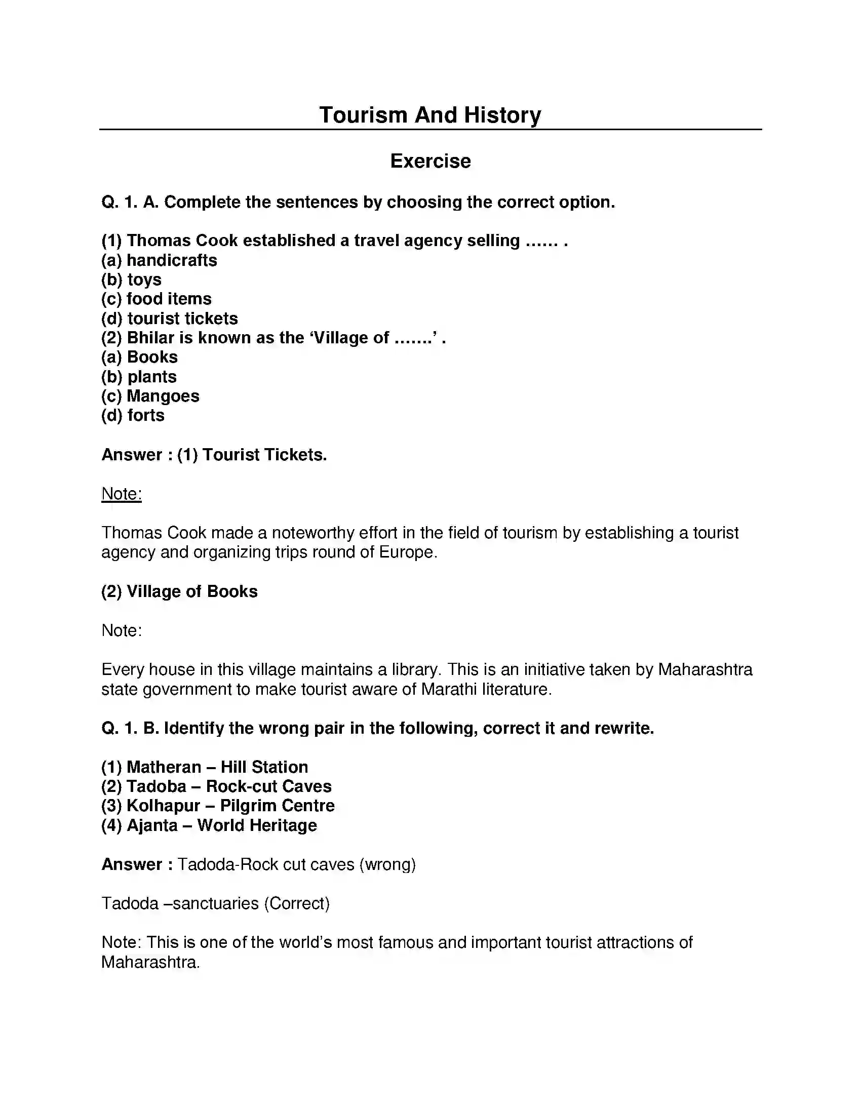 Maharashtra Board Class 10th History - English Medium Tourism and History Solution 1