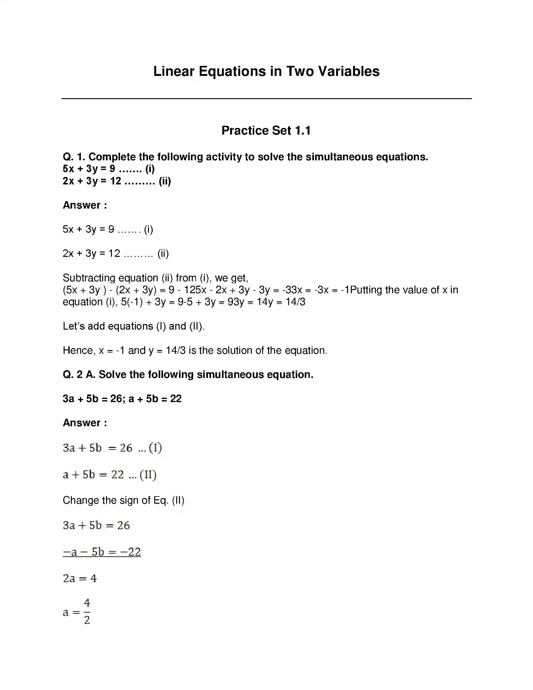 Maharashtra Board Class 10th Mathematics Part-I - English Medium Linear Equations in Two Variables Solution 1