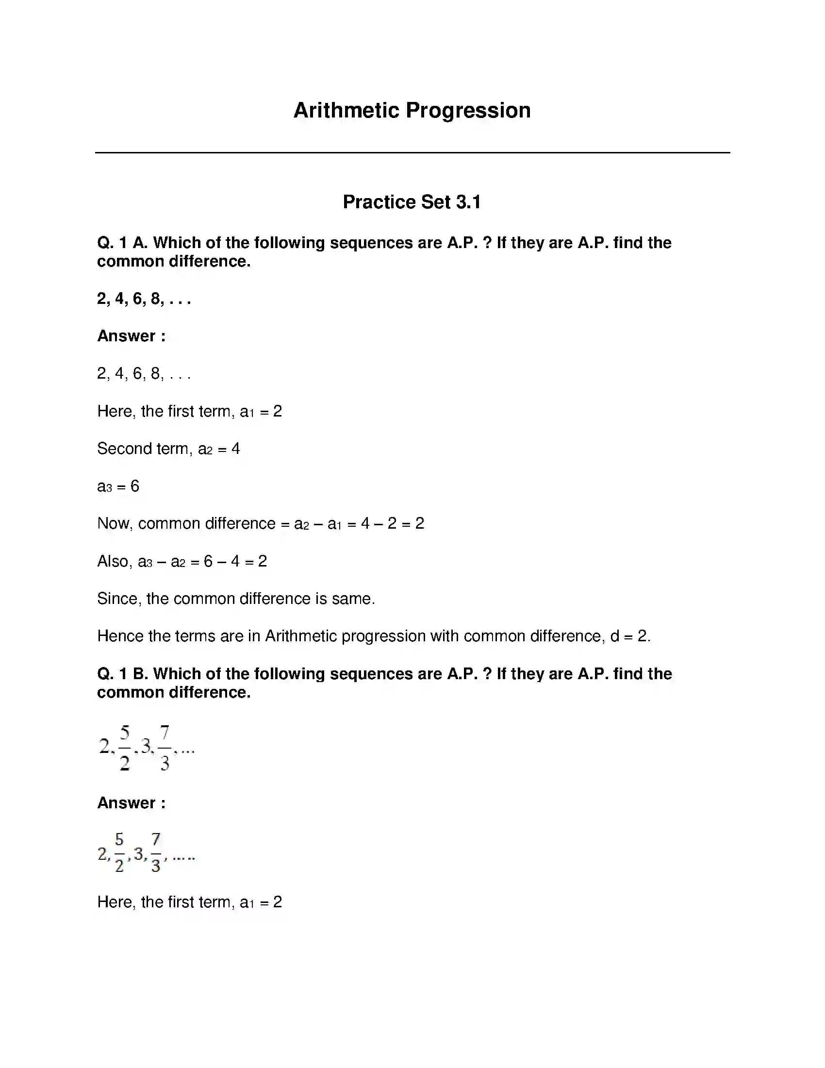 Maharashtra Board Class 10th Mathematics Part-I - English Medium Arithmetic Progression Solution 1