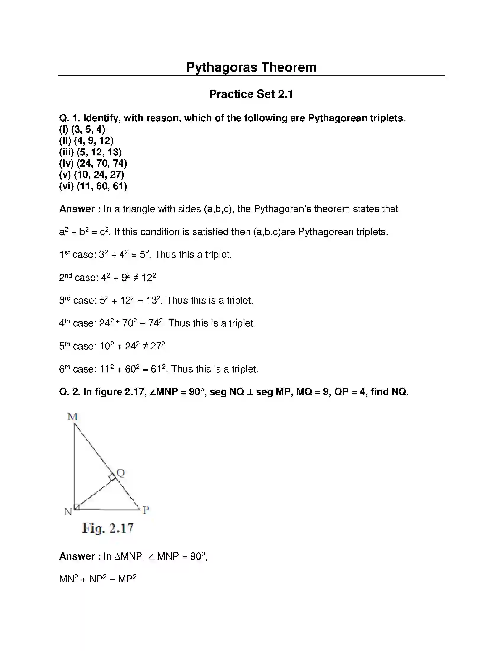 Maharashtra Board Class 10th Mathematics Part-II - English Medium Pythagoras Theorem Solution 1