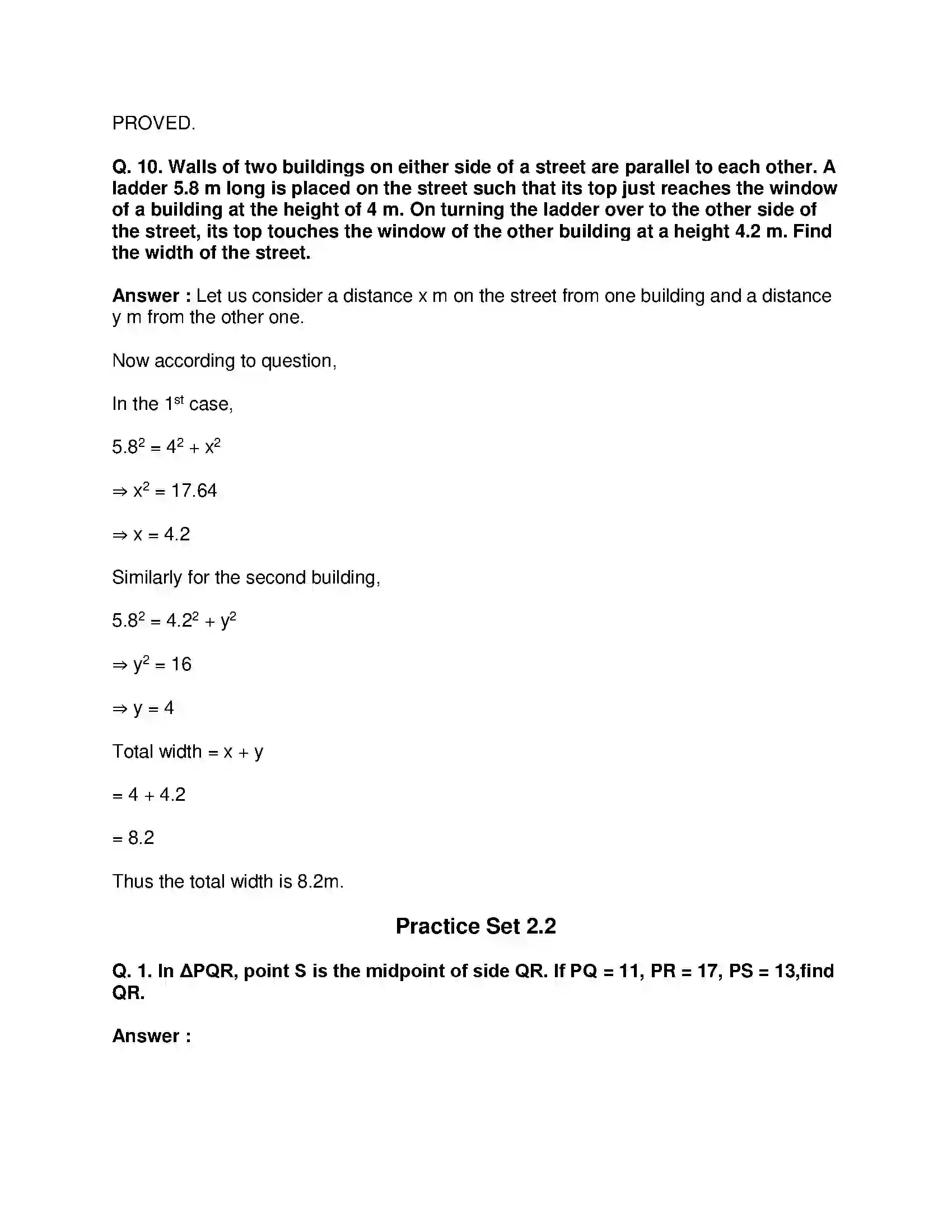 Maharashtra Board Class 10th Mathematics Part-II - English Medium Pythagoras Theorem Solution 9