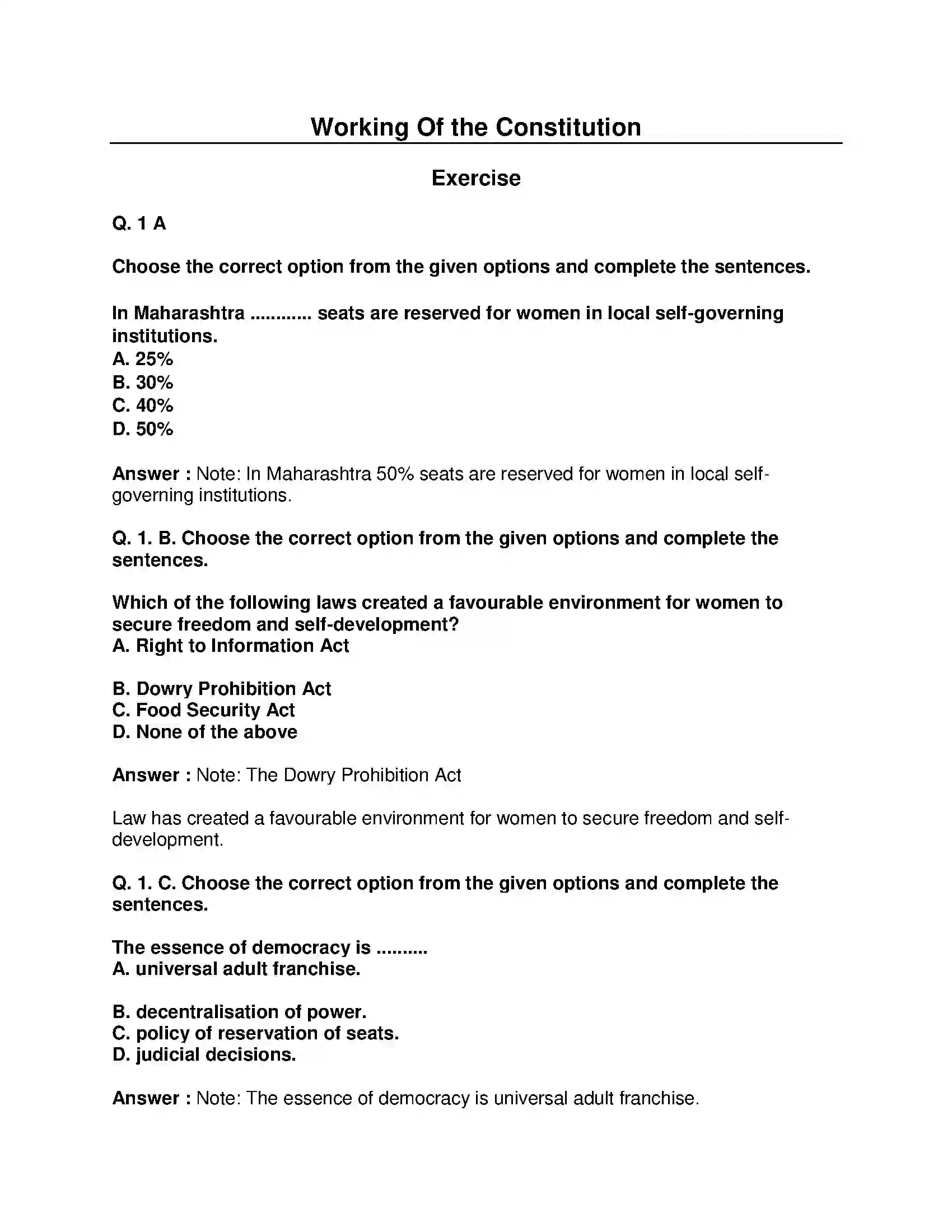 Maharashtra Board Class 10th Political Science - English Medium Working of the Constitution Solution 1