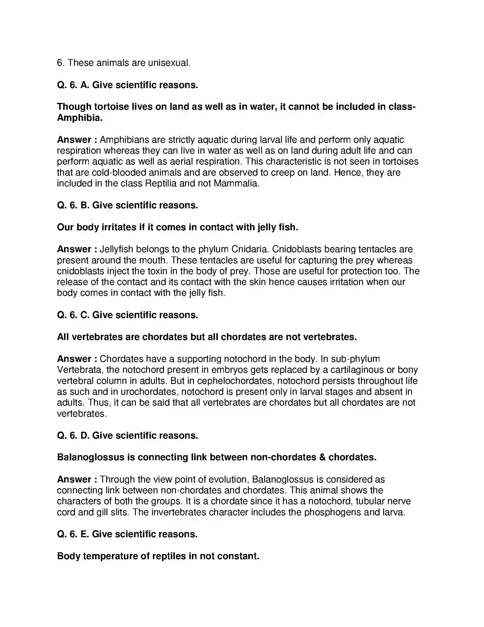 Maharashtra Board Class 10th Science & Technology-II - English Medium Animal Classification Solution 6