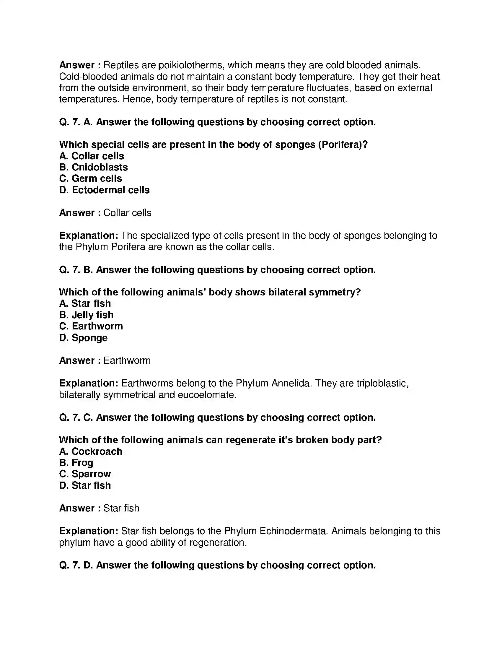 Maharashtra Board Class 10th Science & Technology-II - English Medium Animal Classification Solution 7