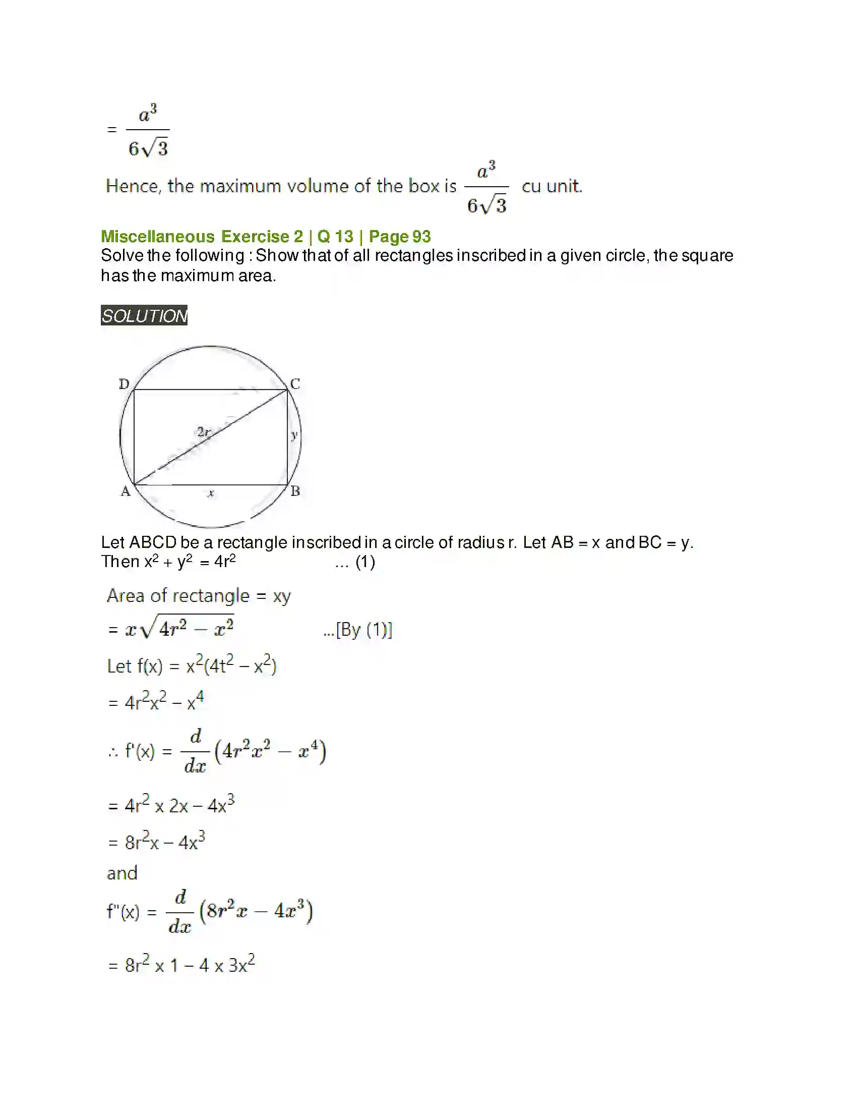 Maharashtra Board Class 12th Mathematics & Statistics-2 (Arts & Science) Applications of Derivatives Solution 135