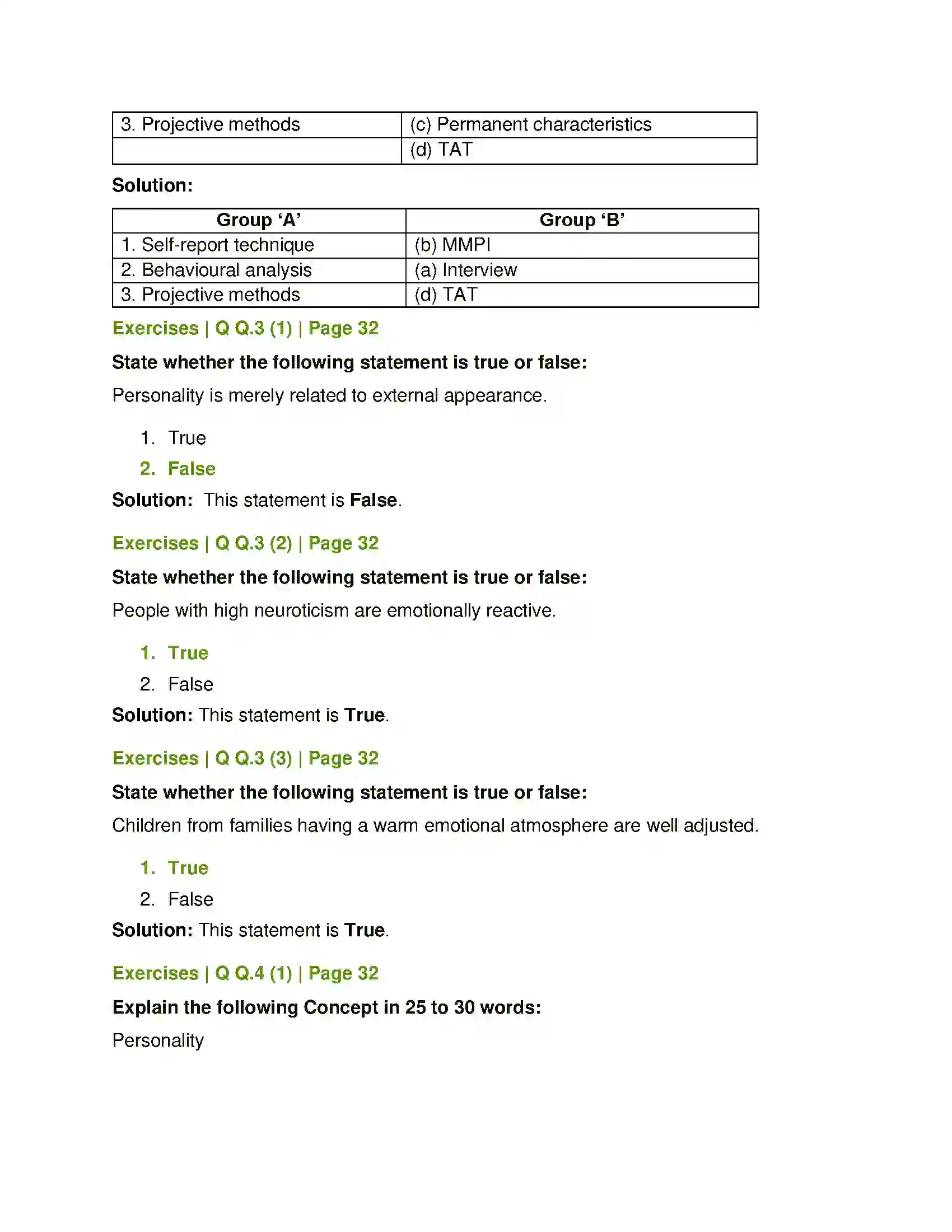 Maharashtra Board Class 12th Psychology Personality Solution 2