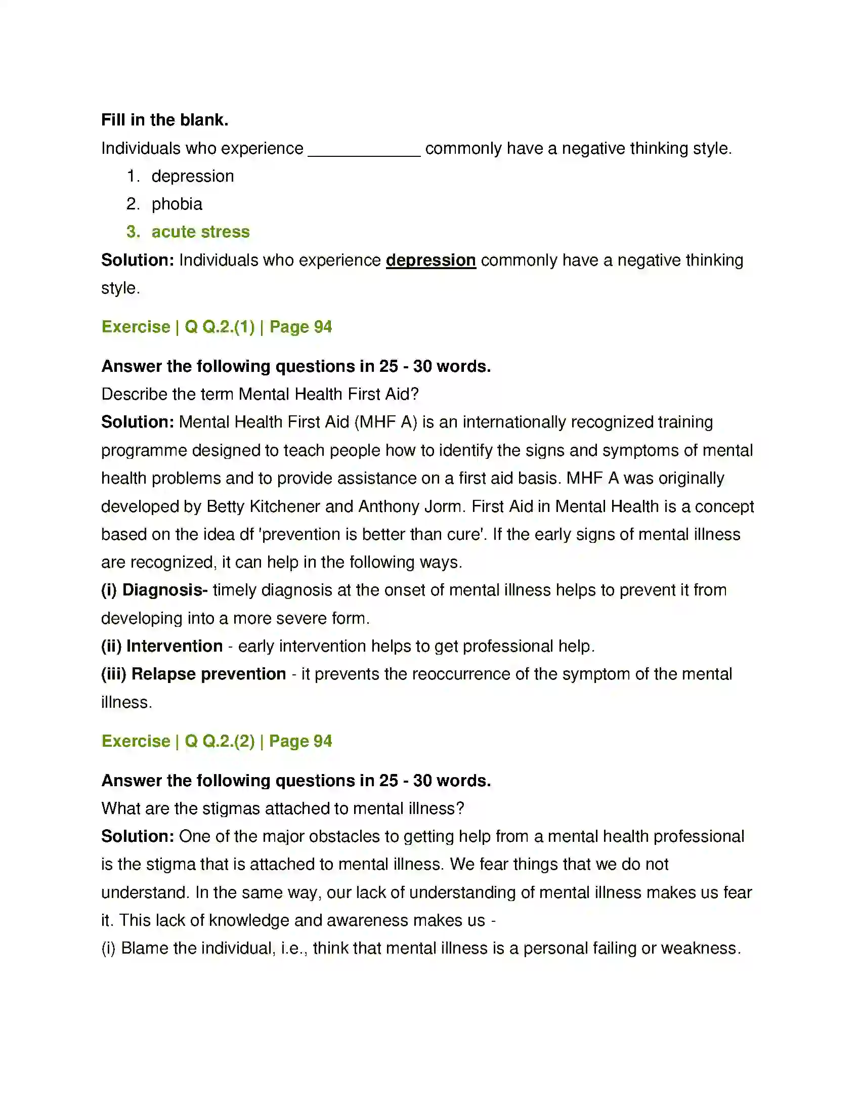 Maharashtra Board Class 12th Psychology First Aid in Mental Health Solution 2