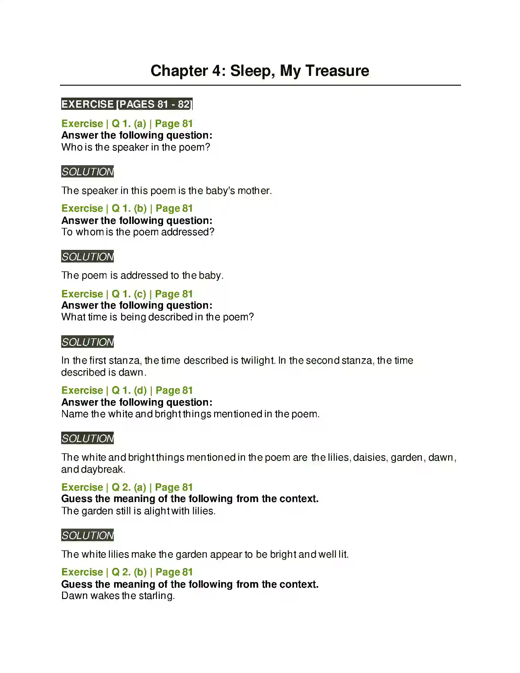 Maharashtra Board Class 6th English 4.1 Sleep, My Treasure Solution 1