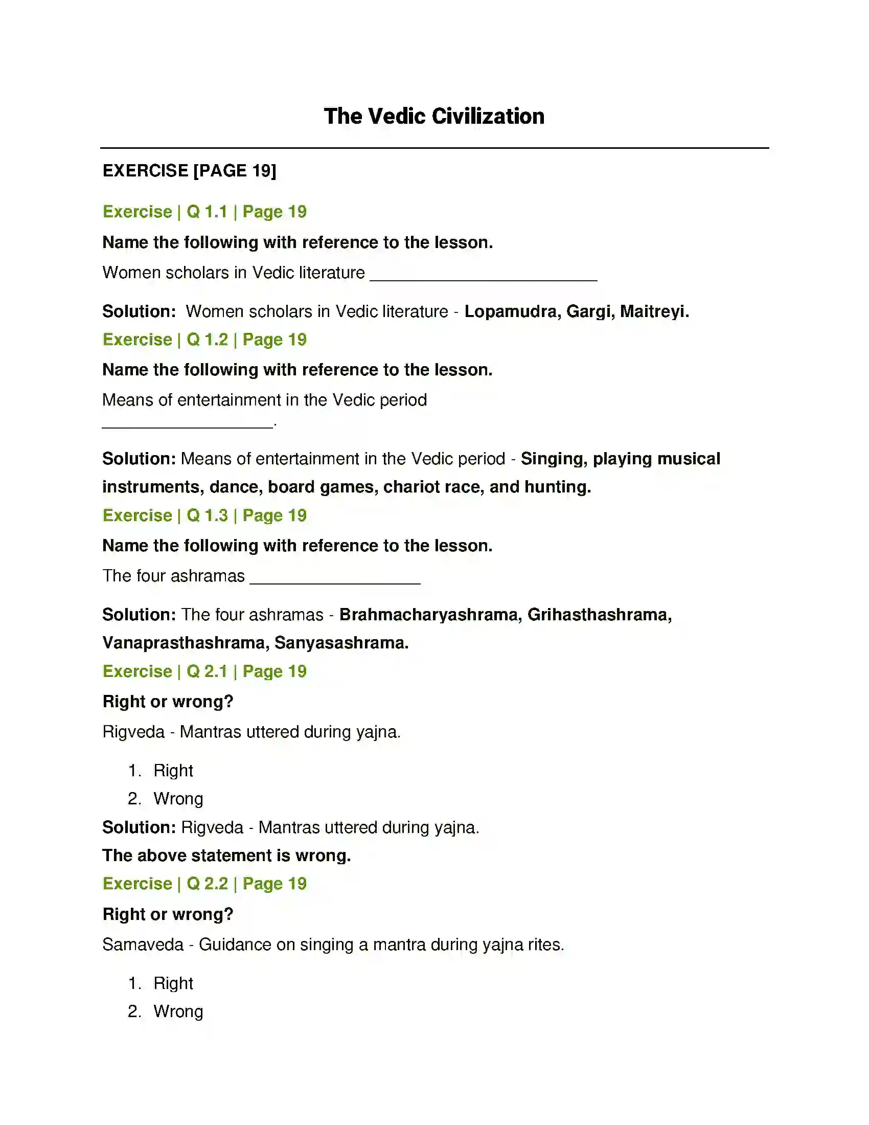 Maharashtra Board Class 6th History and Civics The Vedic Civilization Solution 1